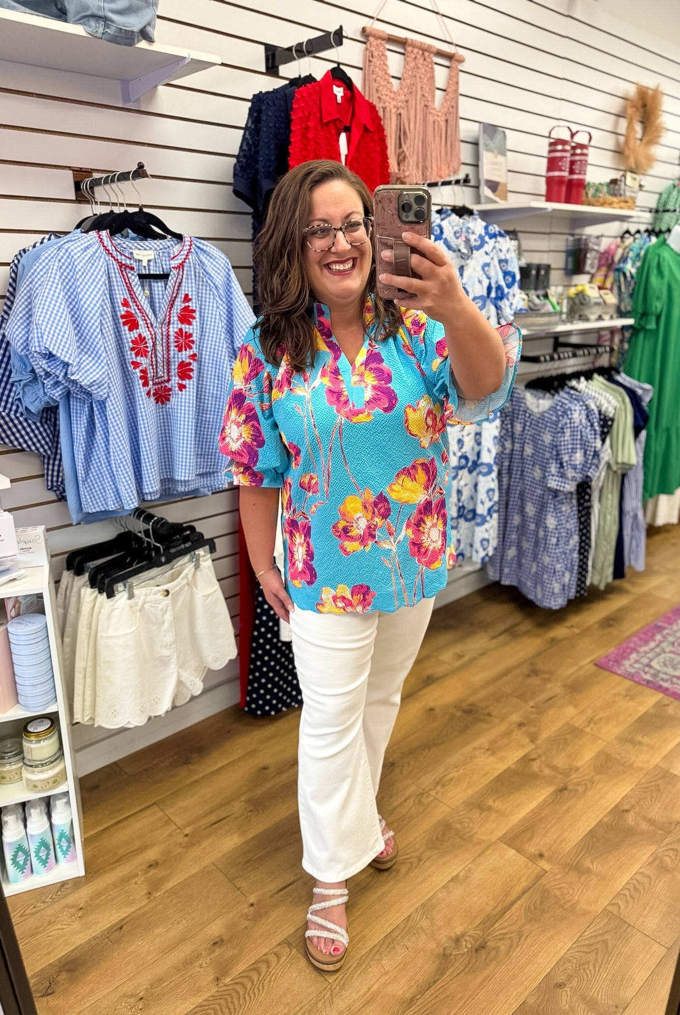 Aqua Floral V-Neck Top with Short Puff Sleeves - A'Bekah's Boutique