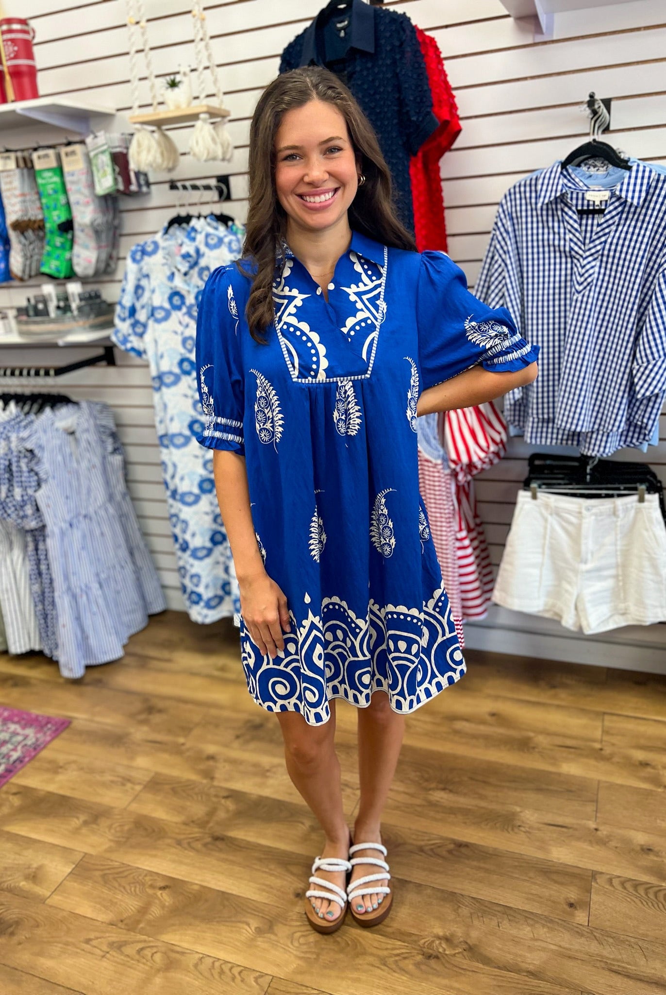 Azure Blue Border Print Babydoll Dress - A'Bekah's Boutique