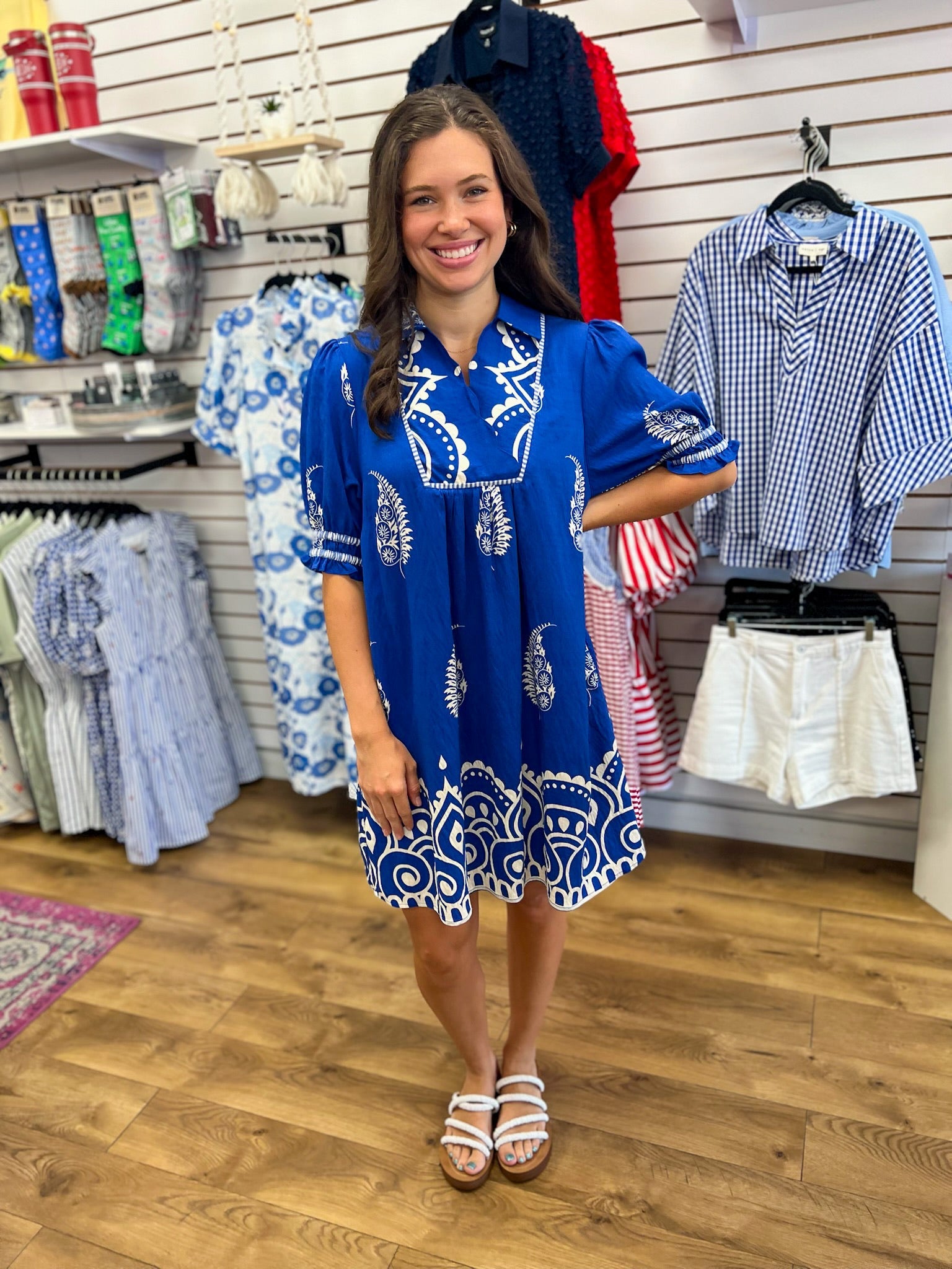 Azure Blue Border Print Babydoll Dress - A'Bekah's Boutique