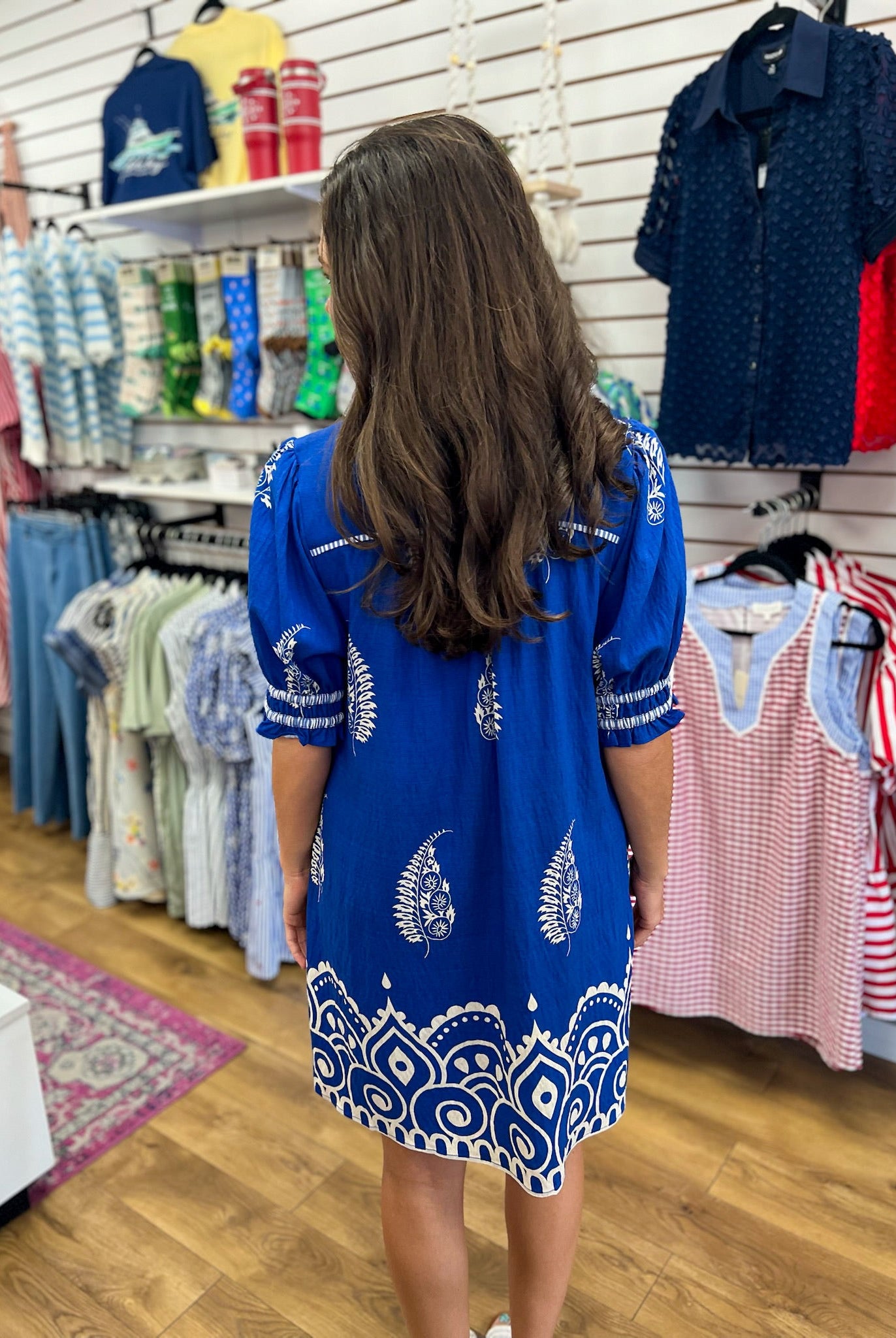 Azure Blue Border Print Babydoll Dress - A'Bekah's Boutique