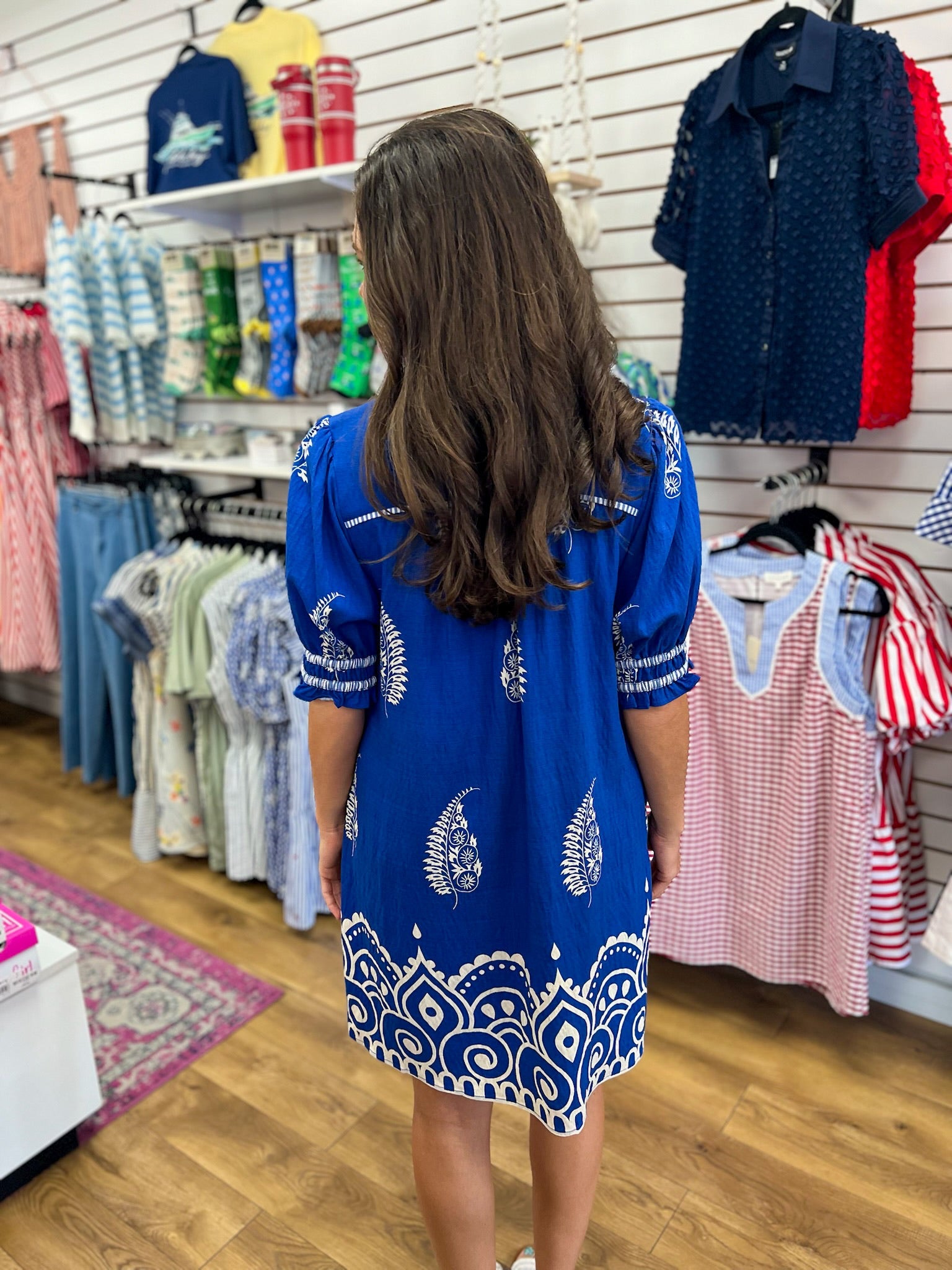 Azure Blue Border Print Babydoll Dress - A'Bekah's Boutique