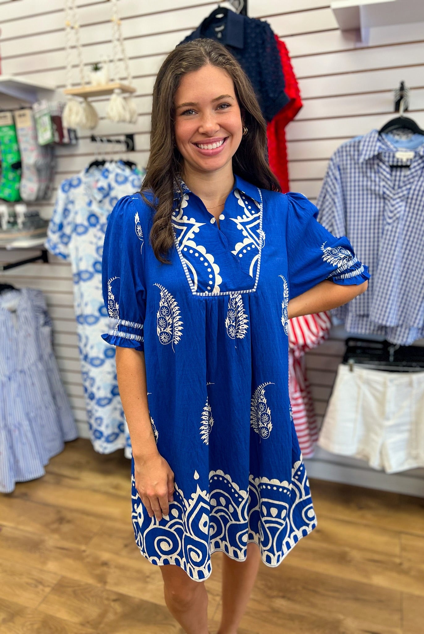 Azure Blue Border Print Babydoll Dress - A'Bekah's Boutique