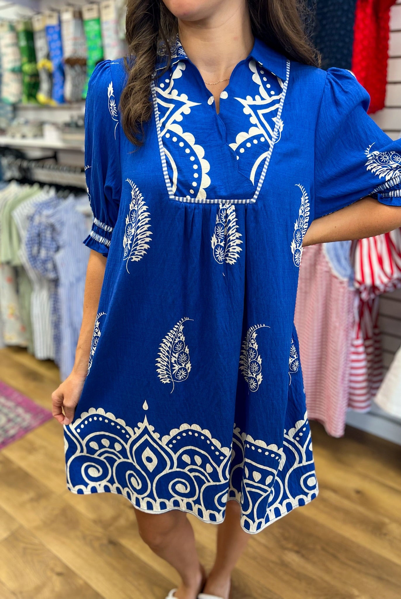 Azure Blue Border Print Babydoll Dress - A'Bekah's Boutique