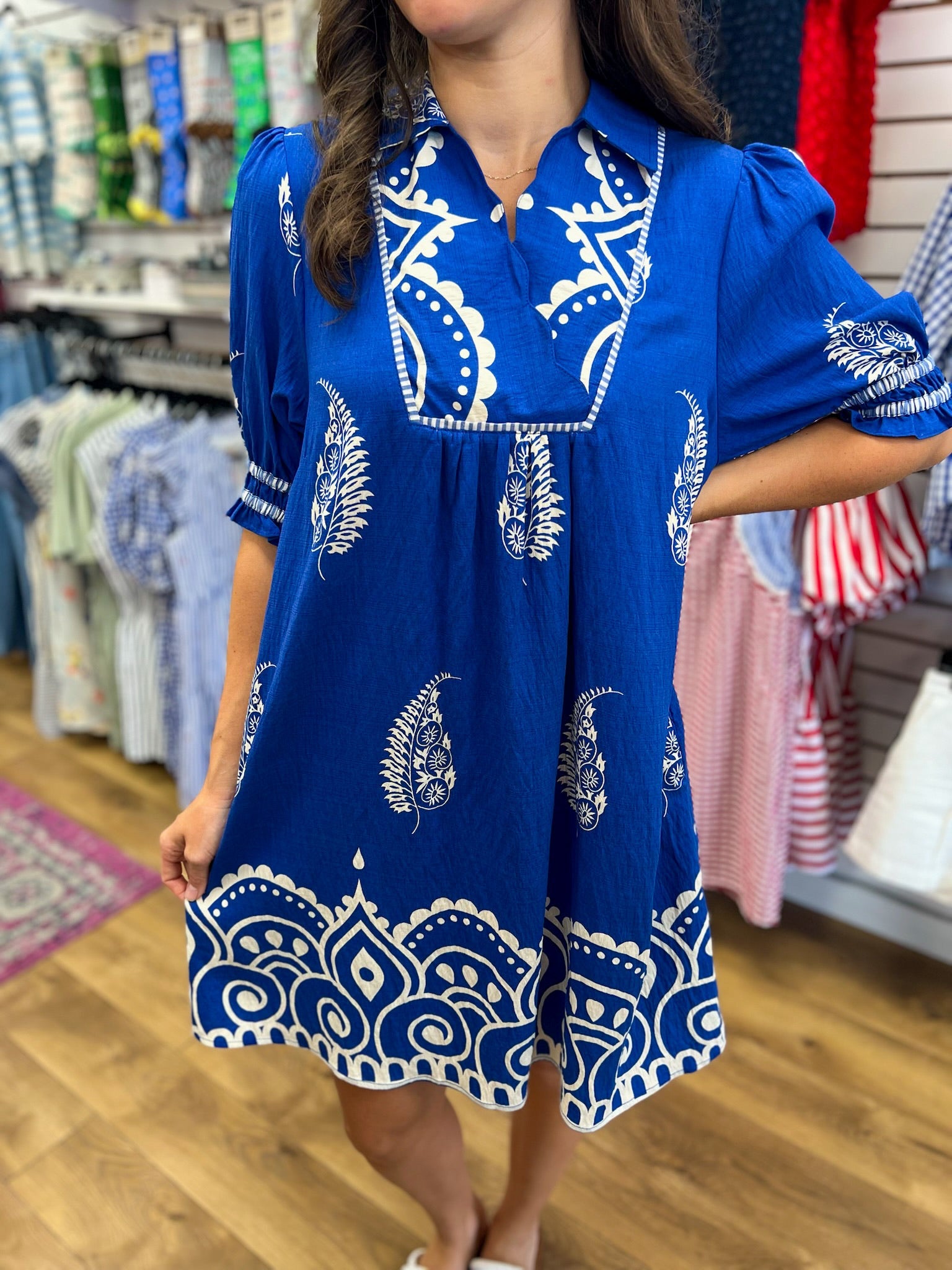 Azure Blue Border Print Babydoll Dress - A'Bekah's Boutique