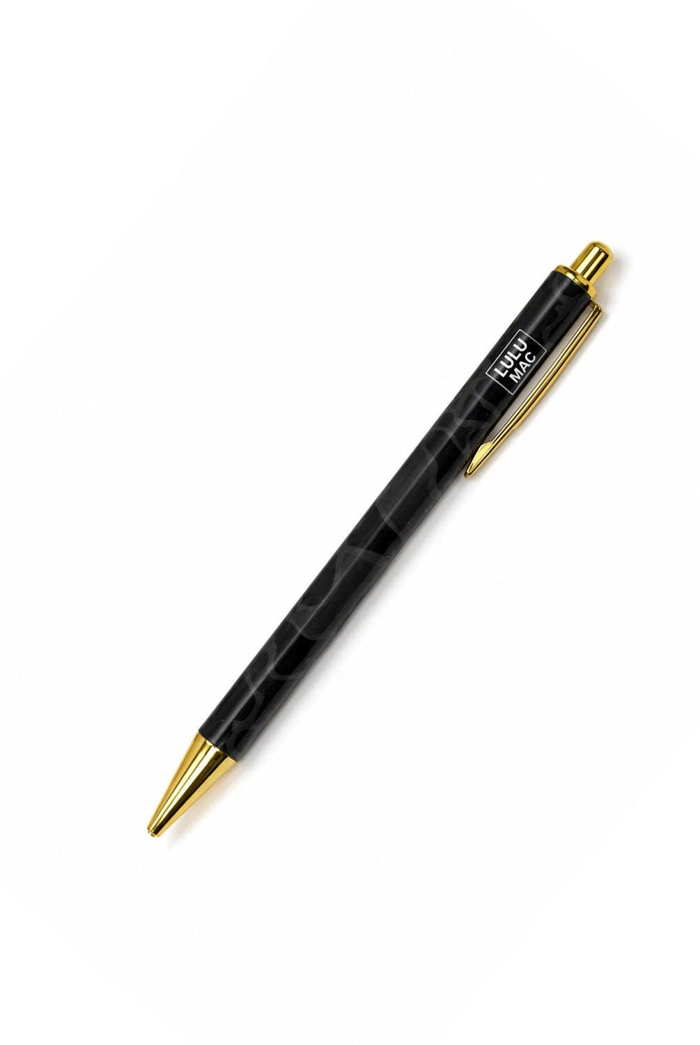Black camo ballpoint pen with gold metal tip and clip, Lulu Mac branded