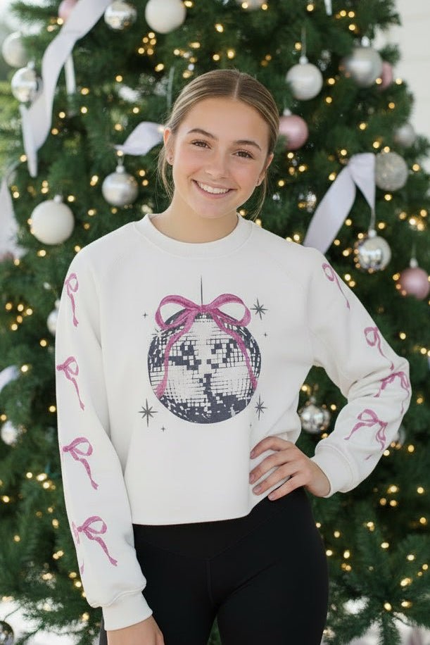 Beige Girls Disco Ball Long Sleeve Sweatshirt with Embroidery - A'Bekah's Boutique