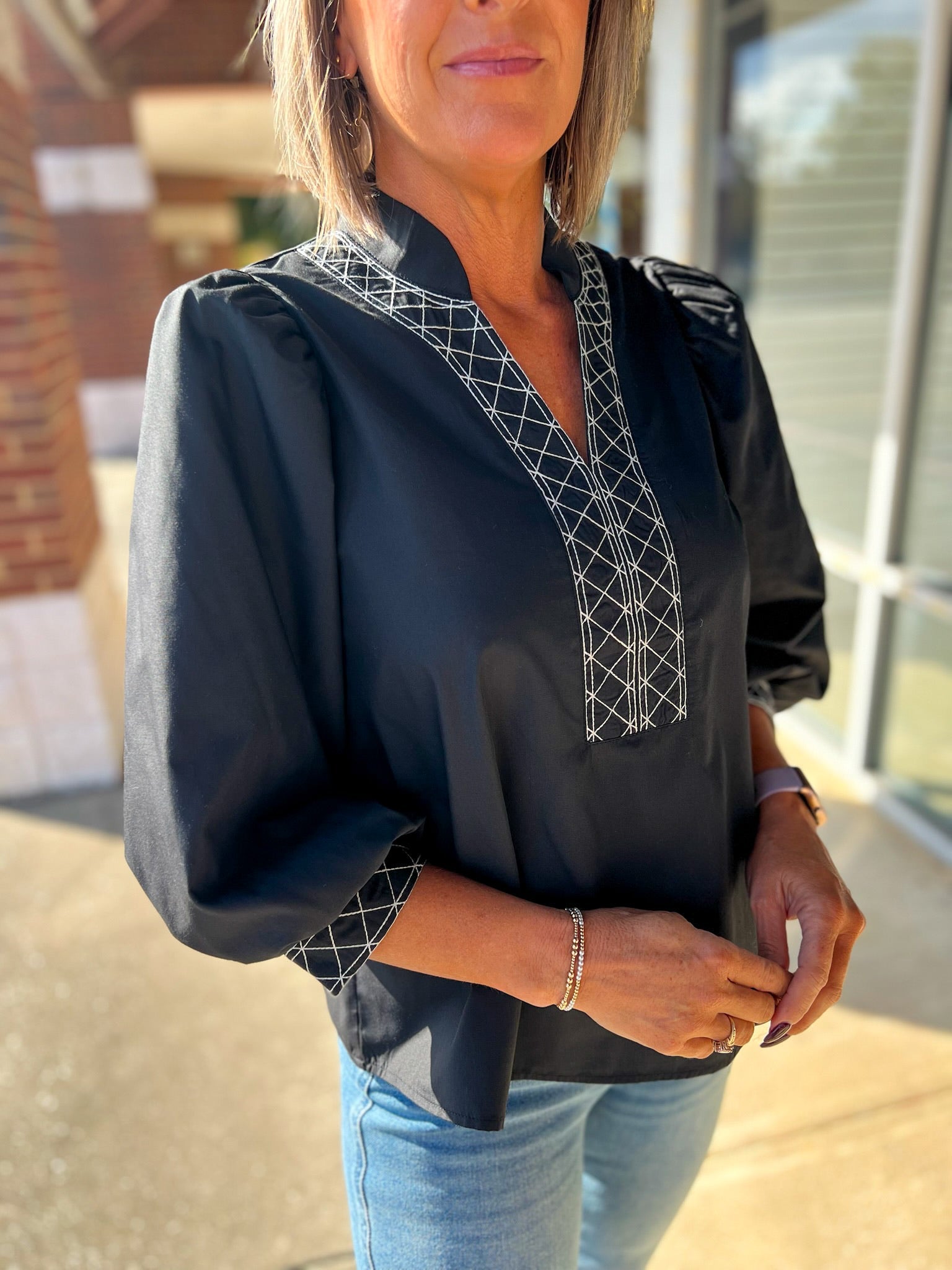 Black 3/4 Puff Sleeve Top with Embroidered Trim at V - Neck - A'Bekah's Boutique