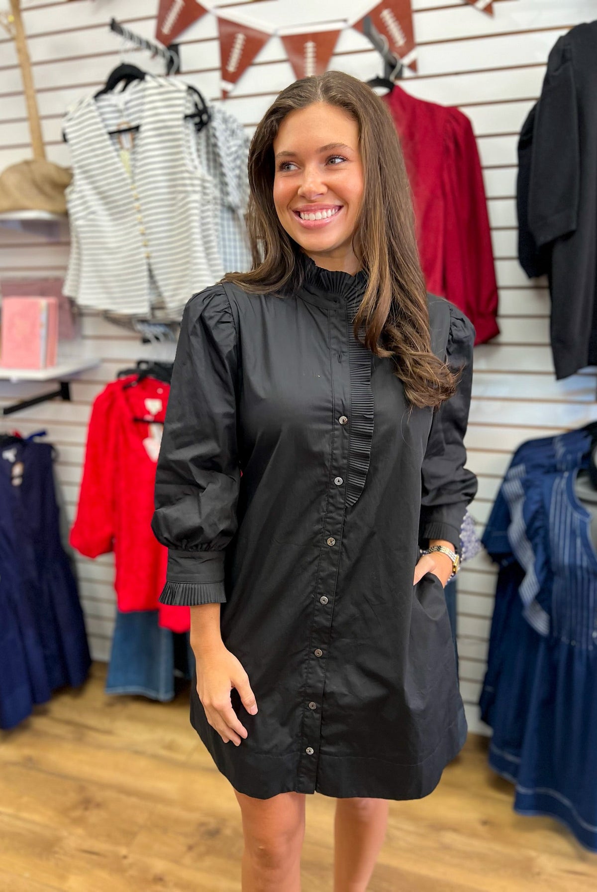 Black 3/4 Sleeve Dress with Ruffle Details - A'Bekah's Boutique