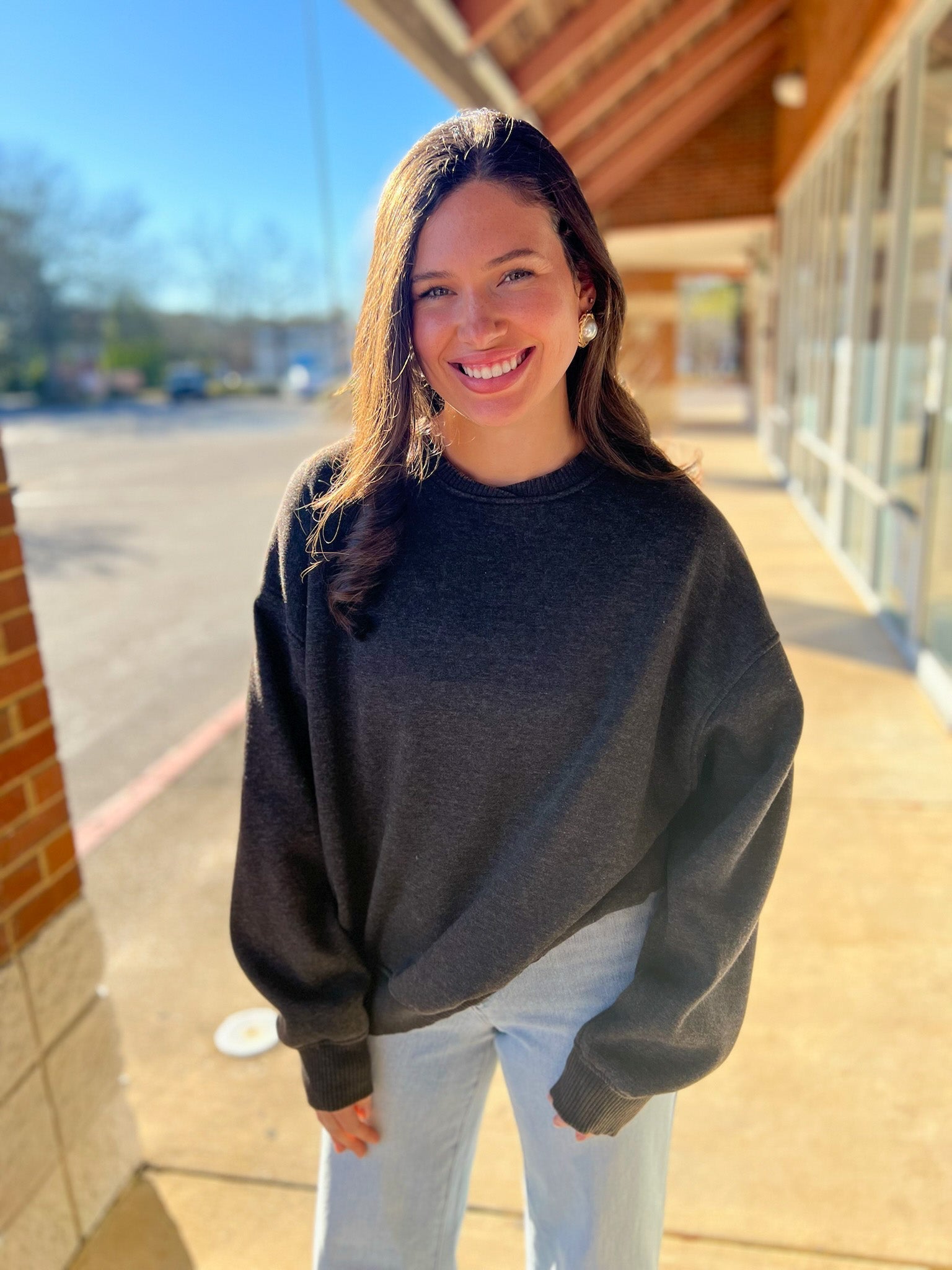 Black Acid Wash Long Balloon Sleeve Fleece Oversized Pullover - A'Bekah's Boutique