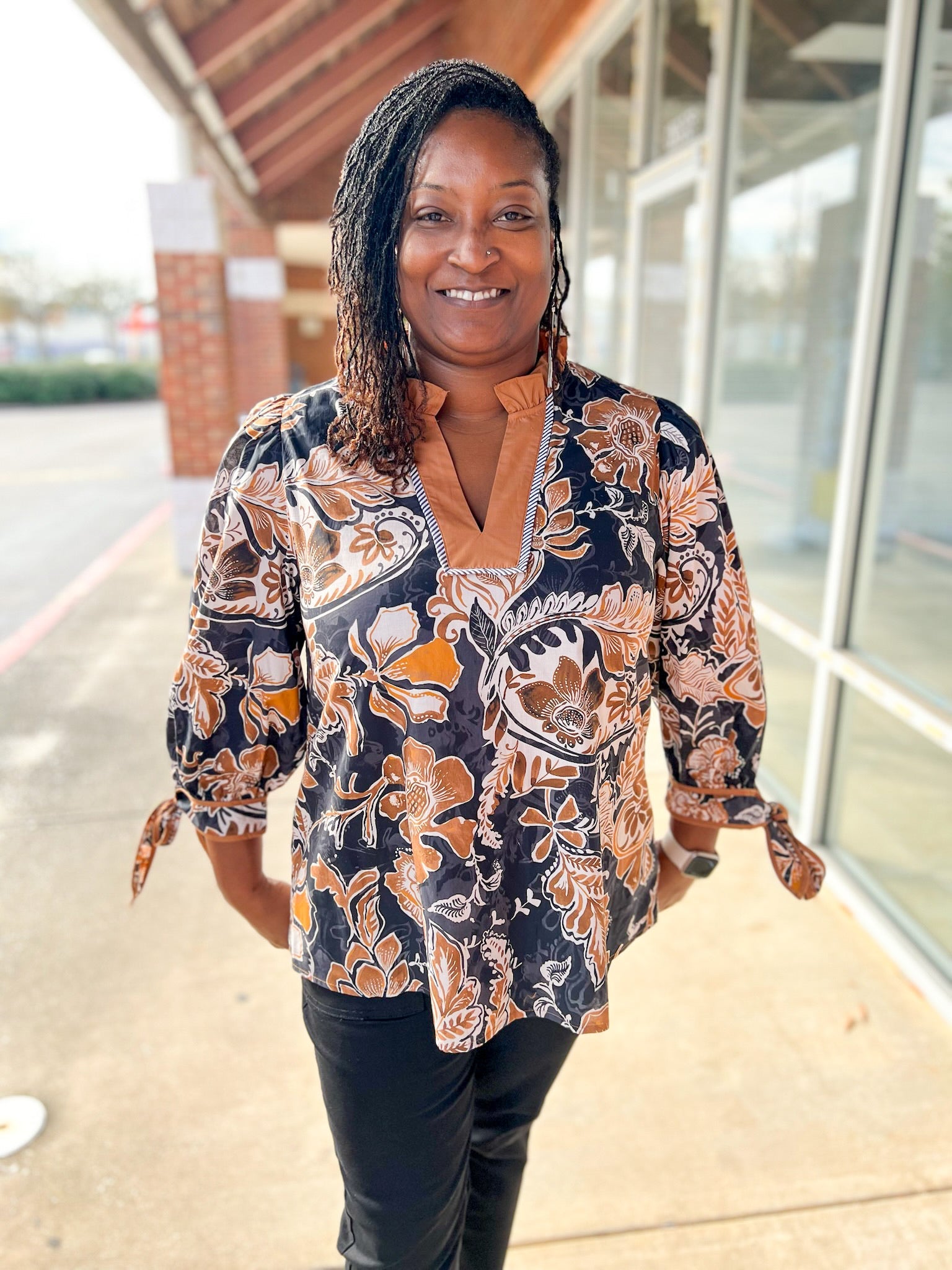 Black and Camel Floral Curvy V - Neck Top - A'Bekah's Boutique
