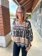Black and Tan Print 3/4 Sleeve V - Neck Top - A'Bekah's Boutique
