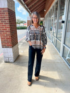 Black and Tan Print 3/4 Sleeve V - Neck Top - A'Bekah's Boutique