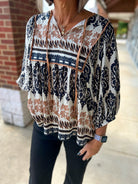 Black and Tan Print 3/4 Sleeve V - Neck Top - A'Bekah's Boutique