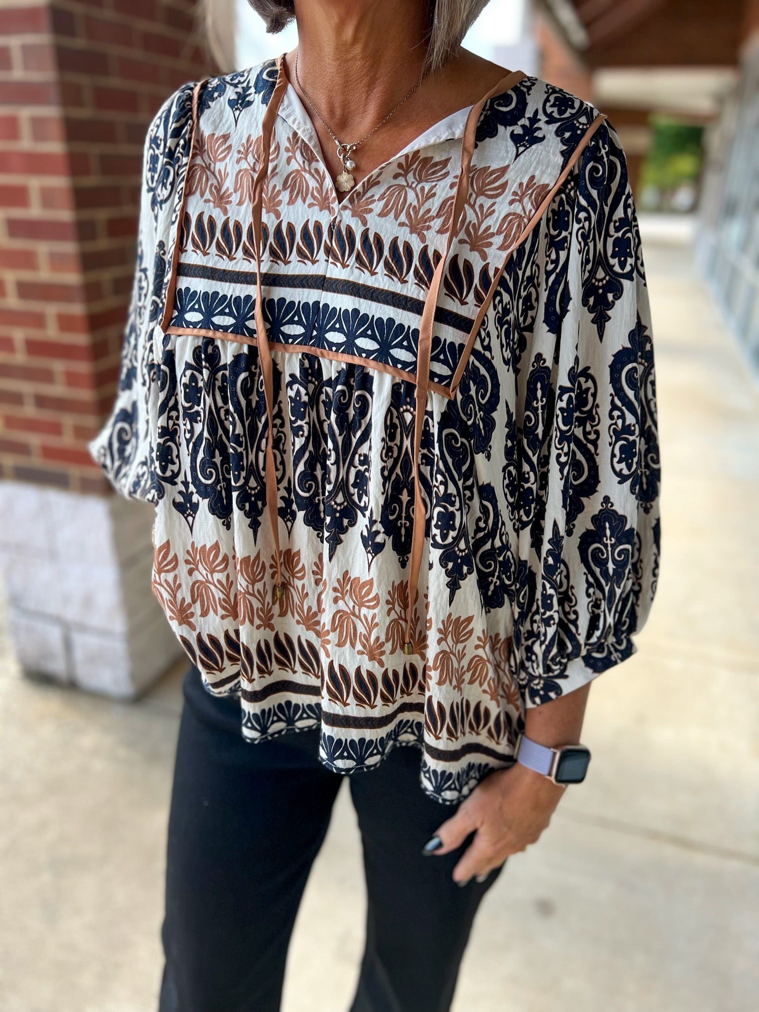 Black and Tan Print 3/4 Sleeve V - Neck Top - A'Bekah's Boutique
