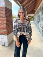 Black and Tan Print 3/4 Sleeve V - Neck Top - A'Bekah's Boutique