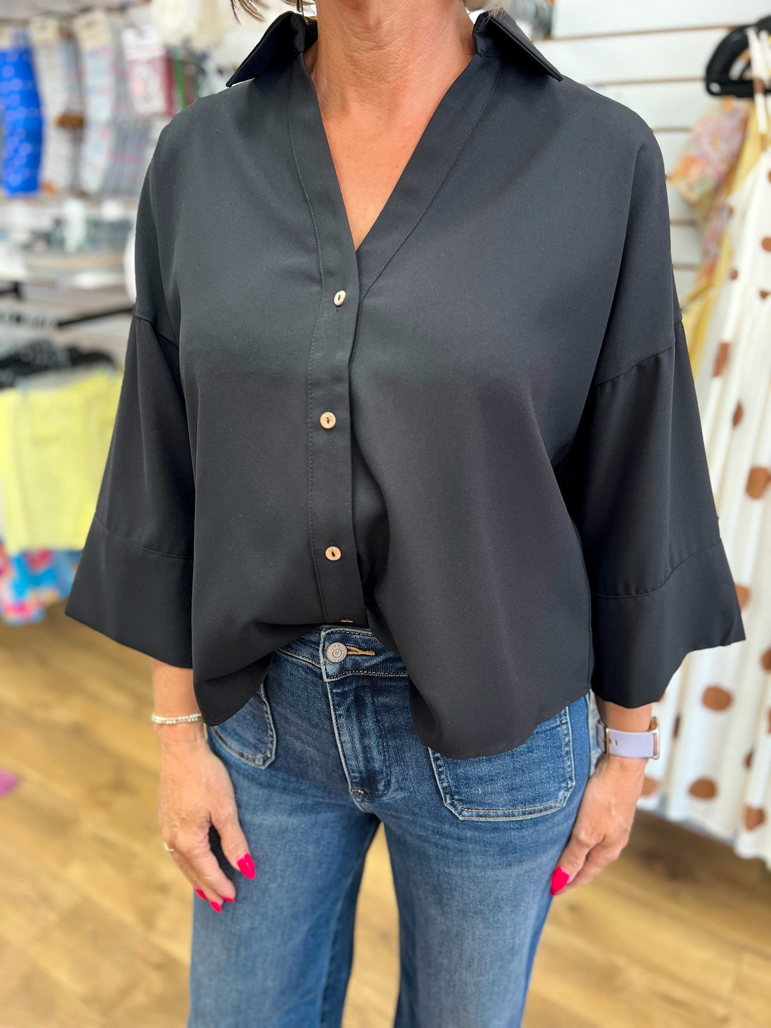 Black Button Down Top with Wide Dolman Sleeves - A'Bekah's Boutique