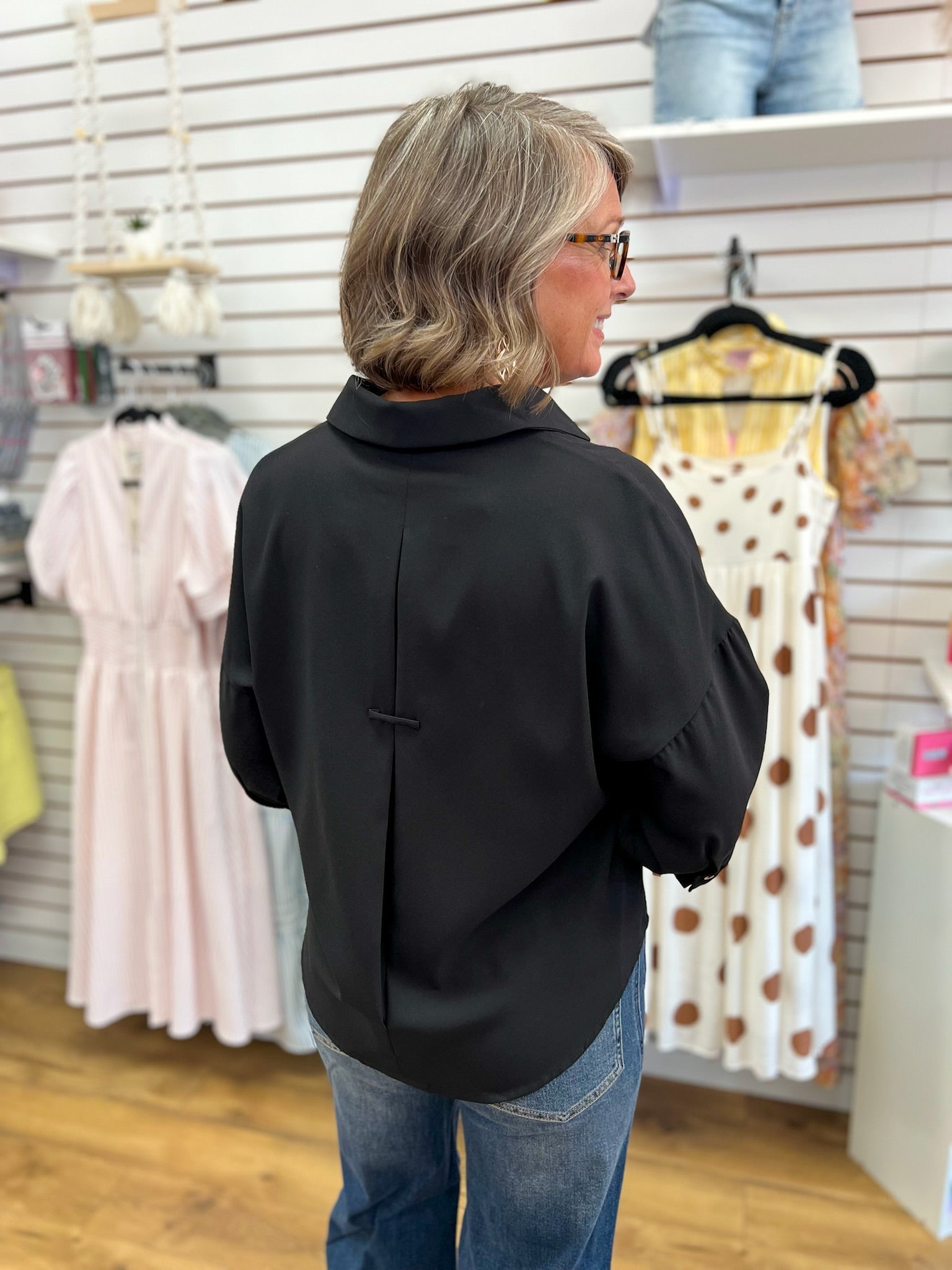 Black Button Down Top with Wide Dolman Sleeves - A'Bekah's Boutique