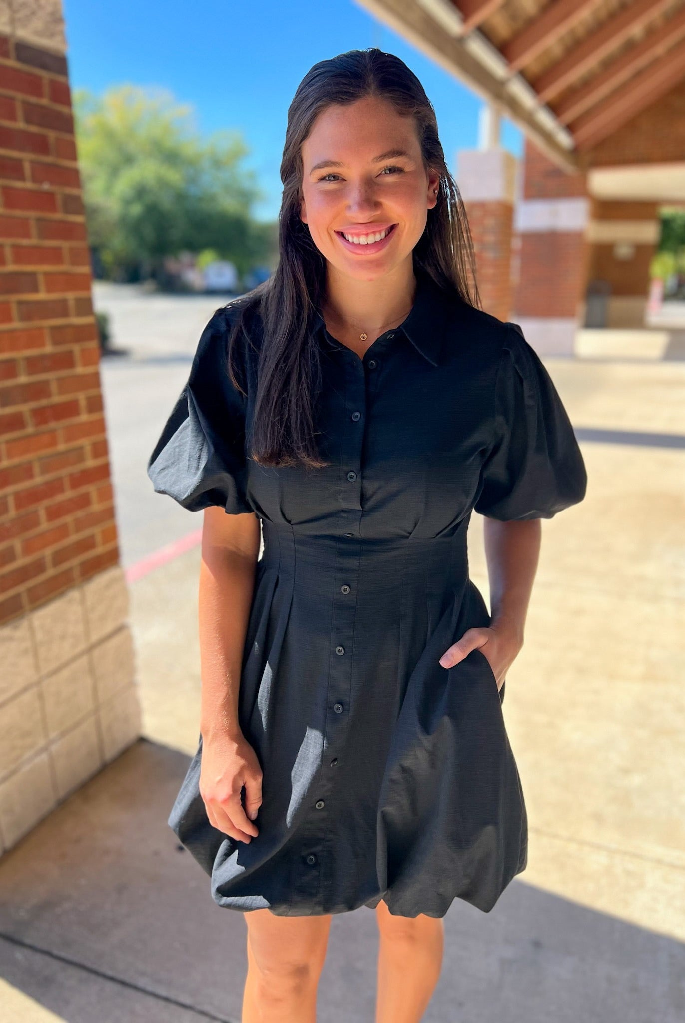 Black Button Up Balloon Hem Dress with Short Puff Sleeves - A'Bekah's Boutique