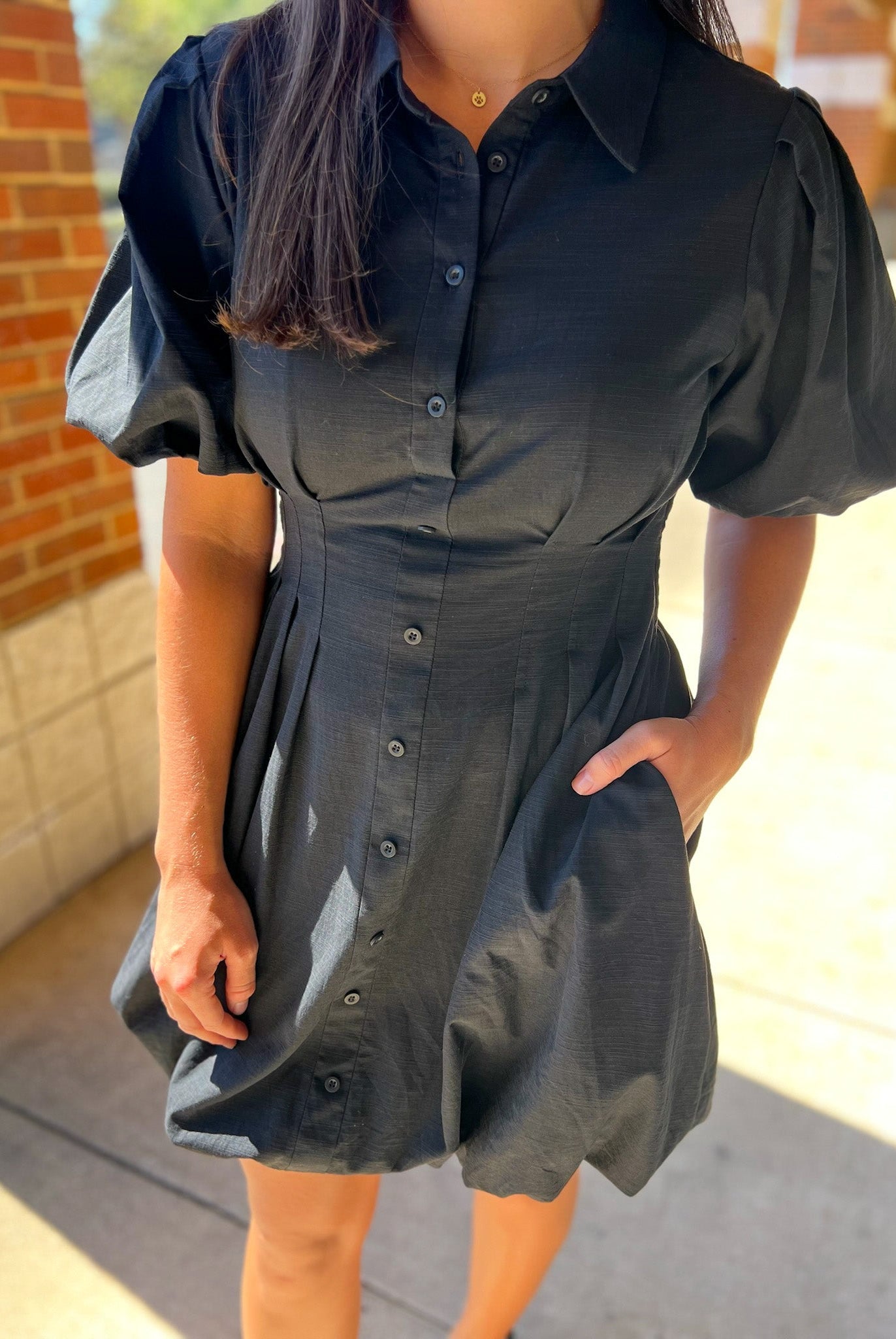 Black Button Up Balloon Hem Dress with Short Puff Sleeves - A'Bekah's Boutique