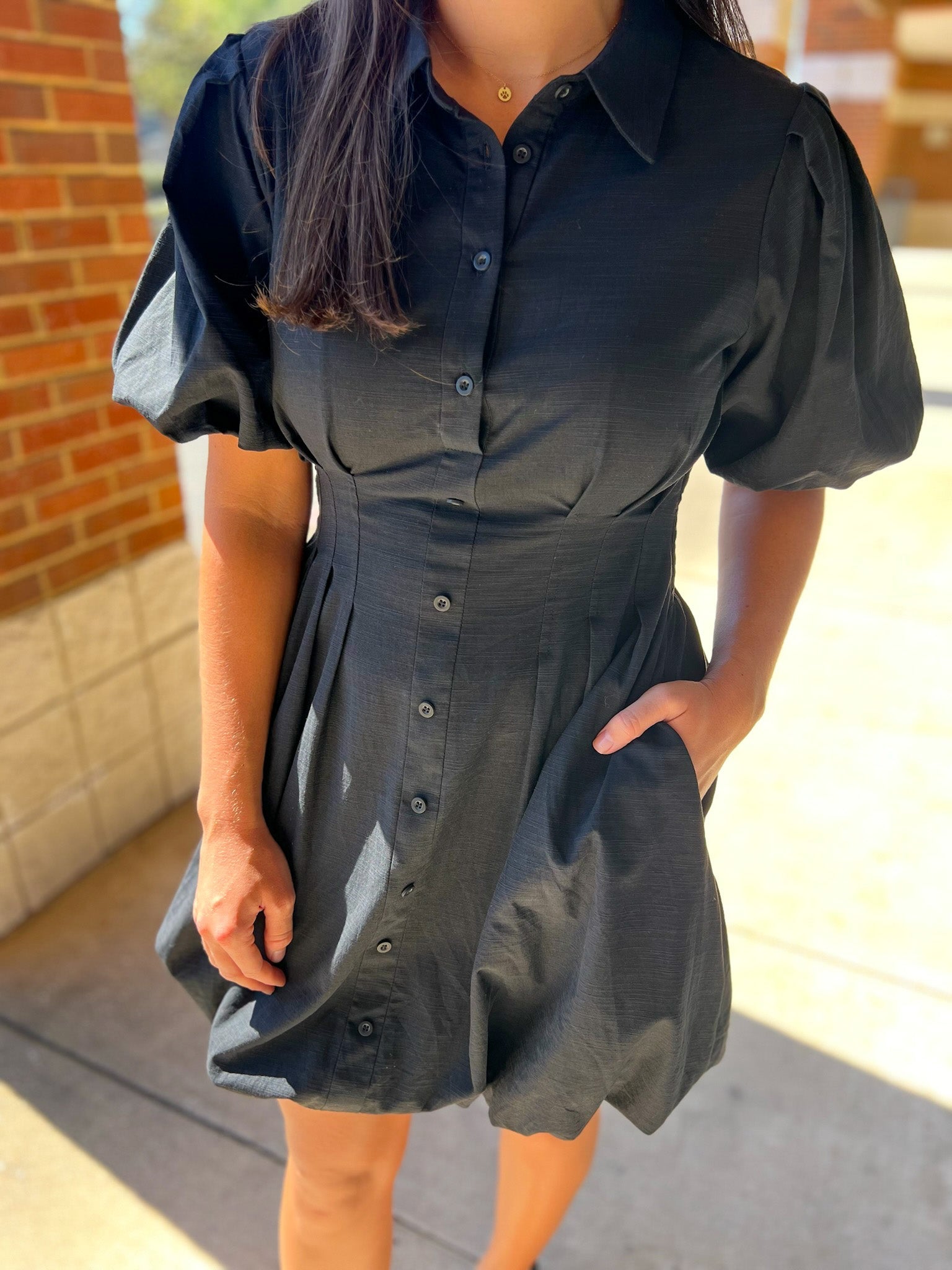 Black Button Up Balloon Hem Dress with Short Puff Sleeves - A'Bekah's Boutique