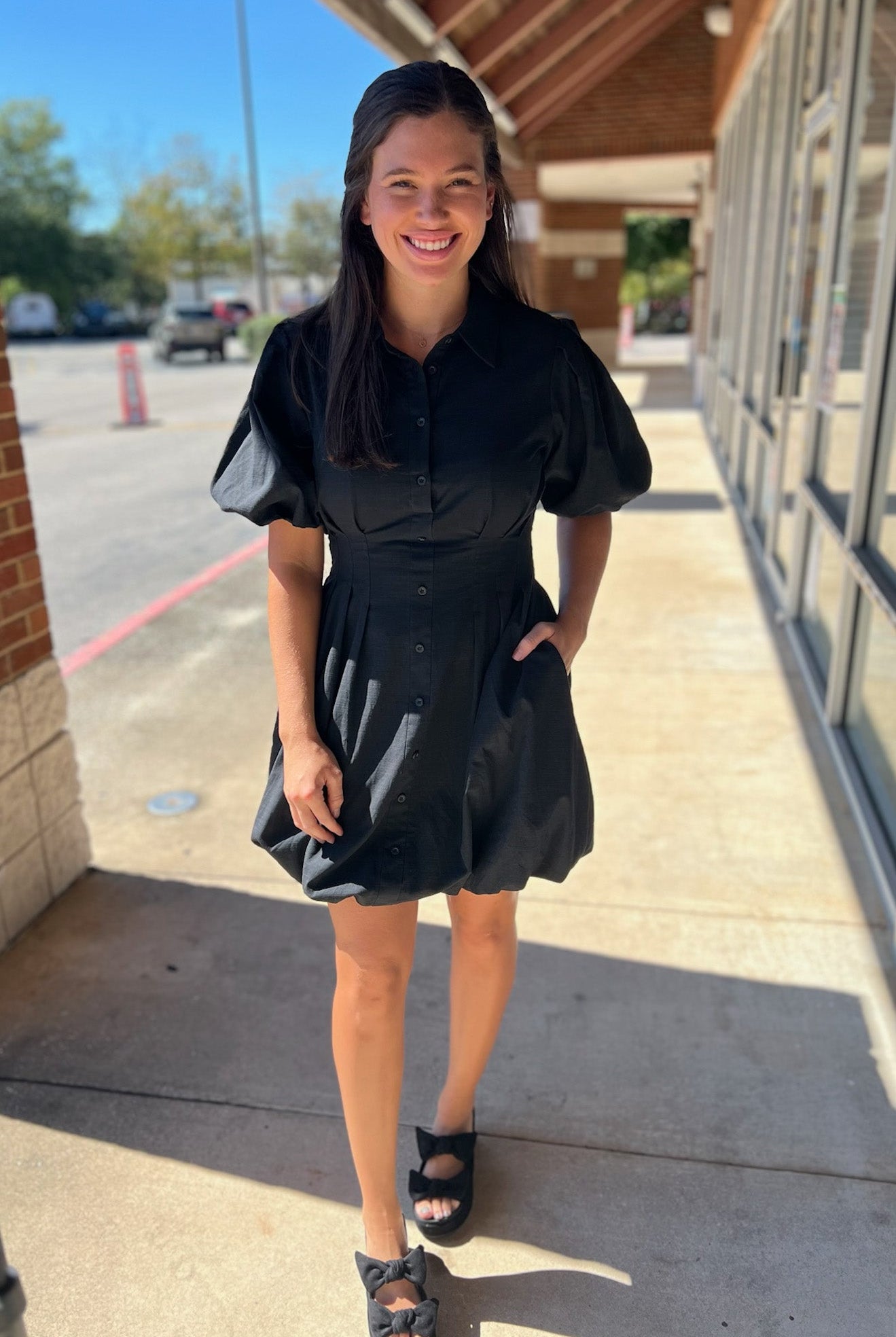 Black Button Up Balloon Hem Dress with Short Puff Sleeves - A'Bekah's Boutique