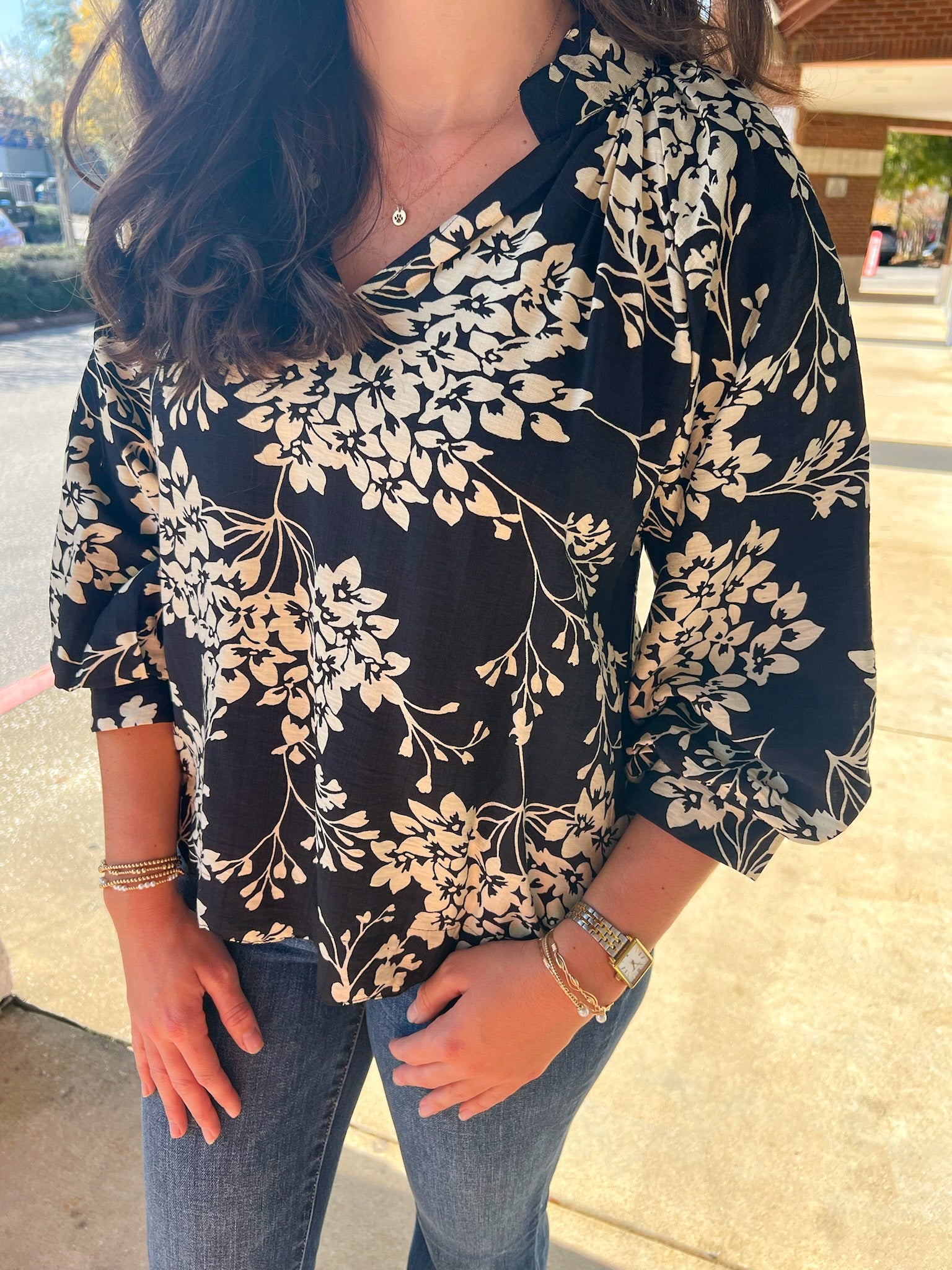 Black Cherry Blossom Print V - Neck Top with 3/4 Balloon Sleeves - A'Bekah's Boutique