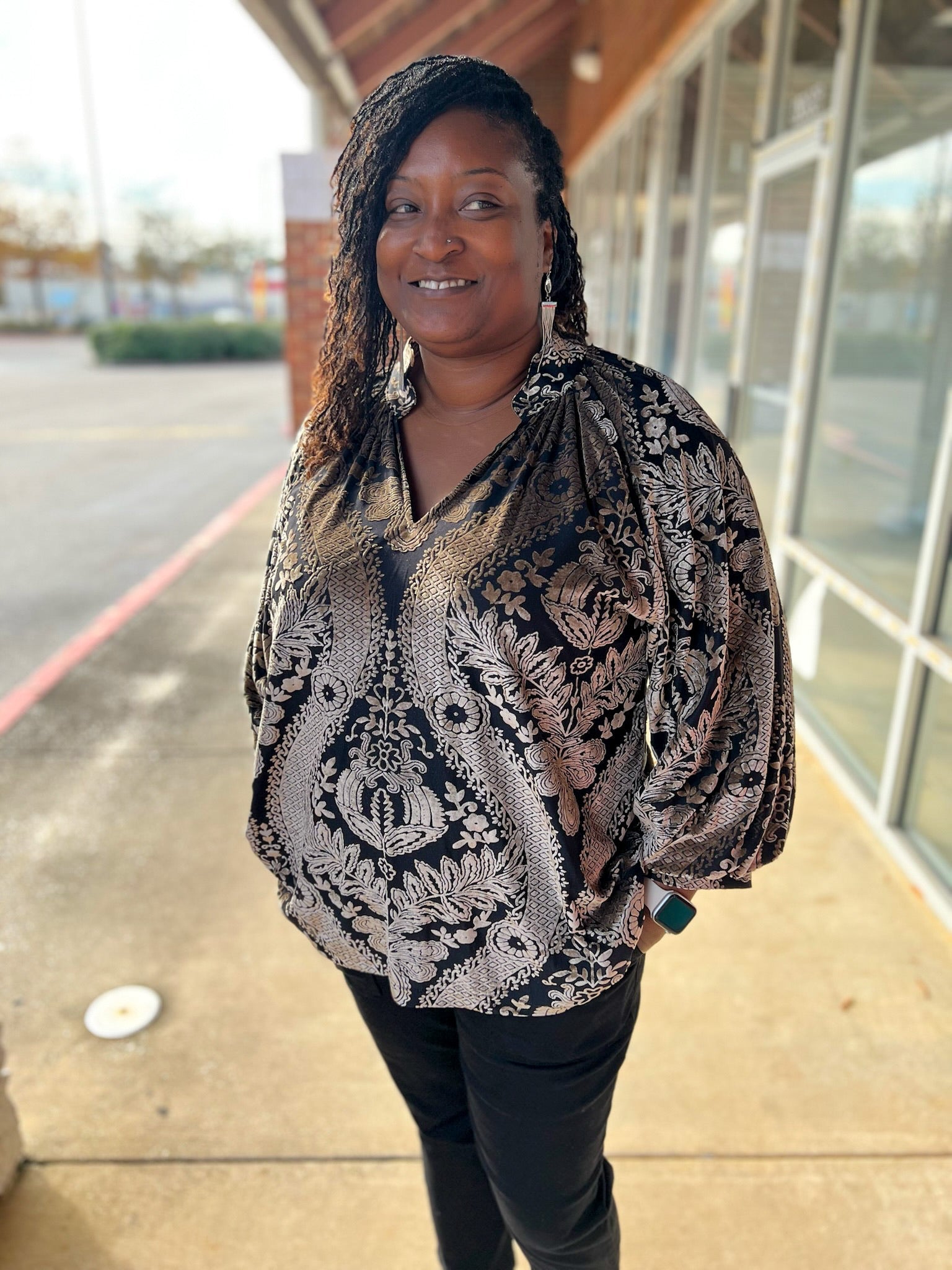 Black Damask Print Velvet 3/4 Sleeve Curvy Top - A'Bekah's Boutique