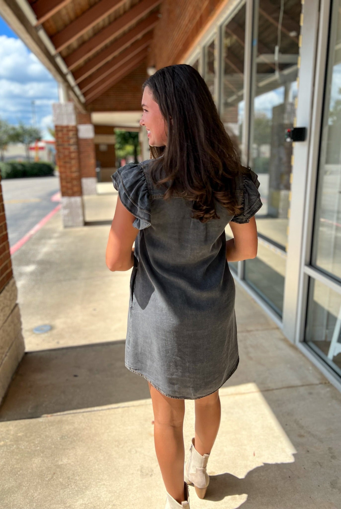 Black Denim Snow Washed Button Down Ruffle Sleeve Dress - A'Bekah's Boutique