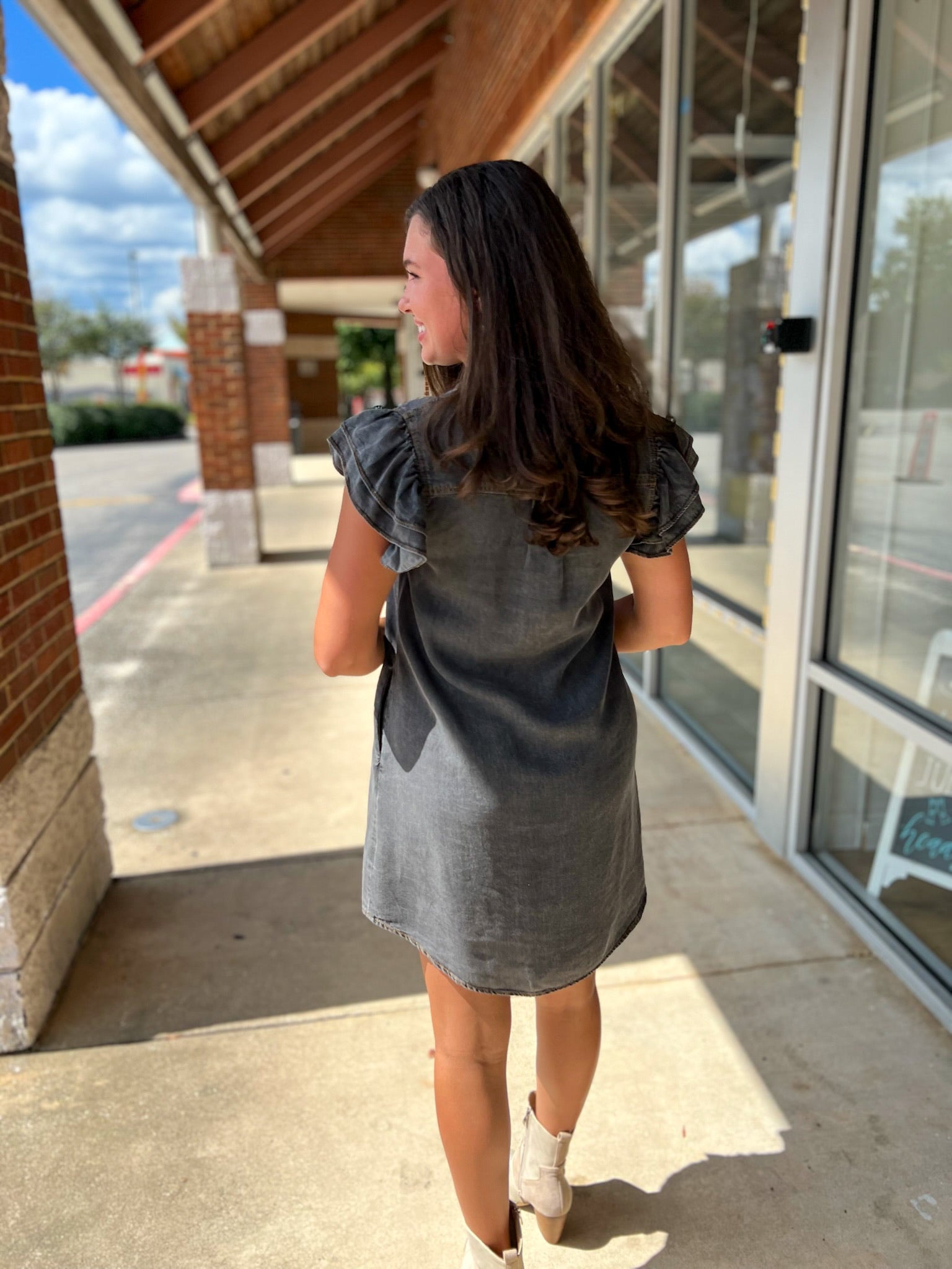 Black Denim Snow Washed Button Down Ruffle Sleeve Dress - A'Bekah's Boutique