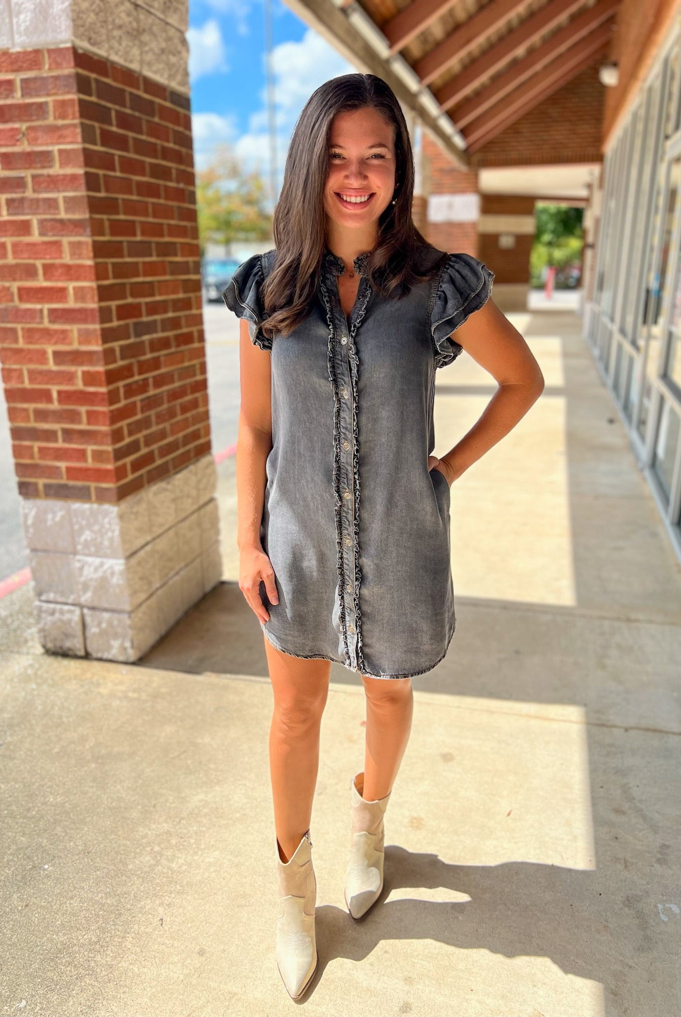 Black Denim Snow Washed Button Down Ruffle Sleeve Dress - A'Bekah's Boutique