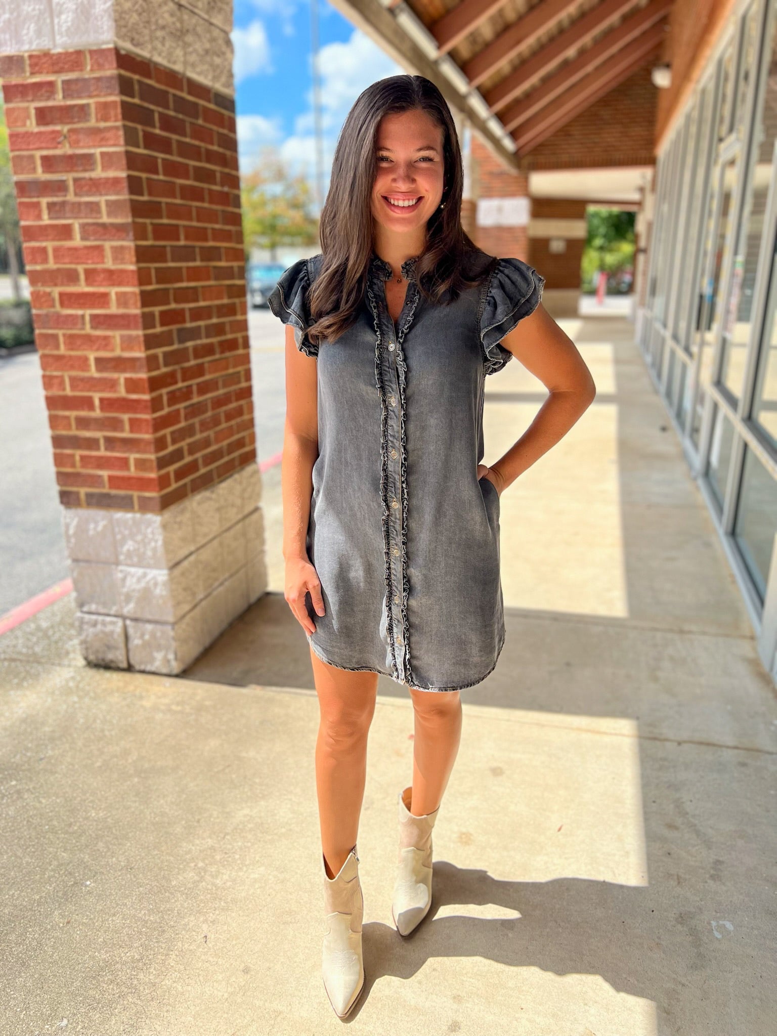 Black Denim Snow Washed Button Down Ruffle Sleeve Dress - A'Bekah's Boutique