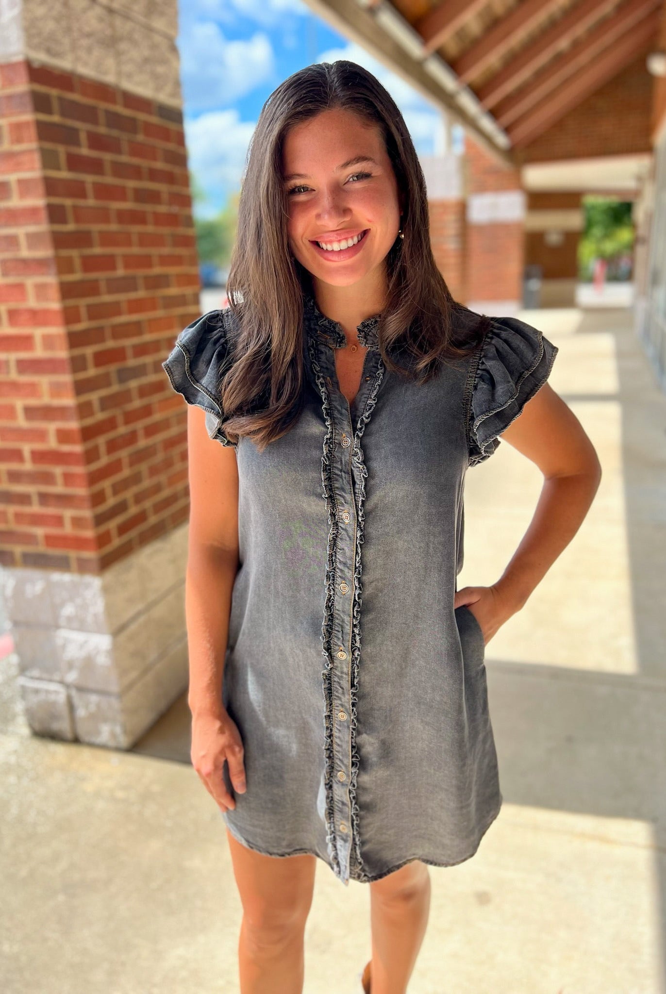 Black Denim Snow Washed Button Down Ruffle Sleeve Dress - A'Bekah's Boutique