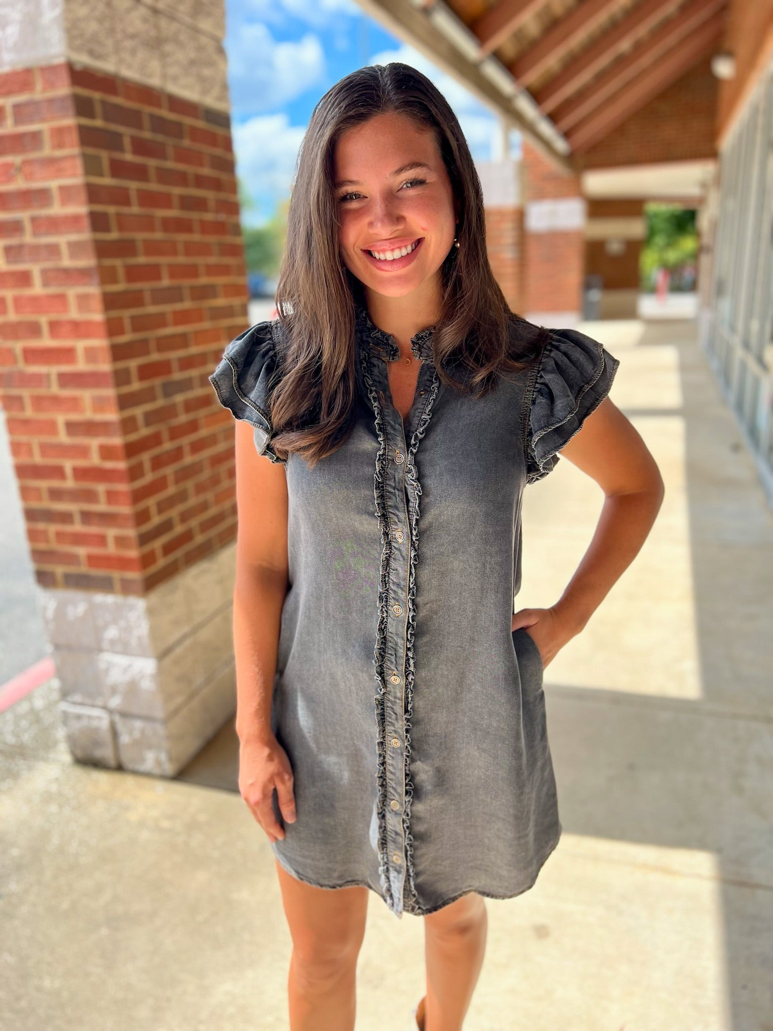 Black Denim Snow Washed Button Down Ruffle Sleeve Dress - A'Bekah's Boutique