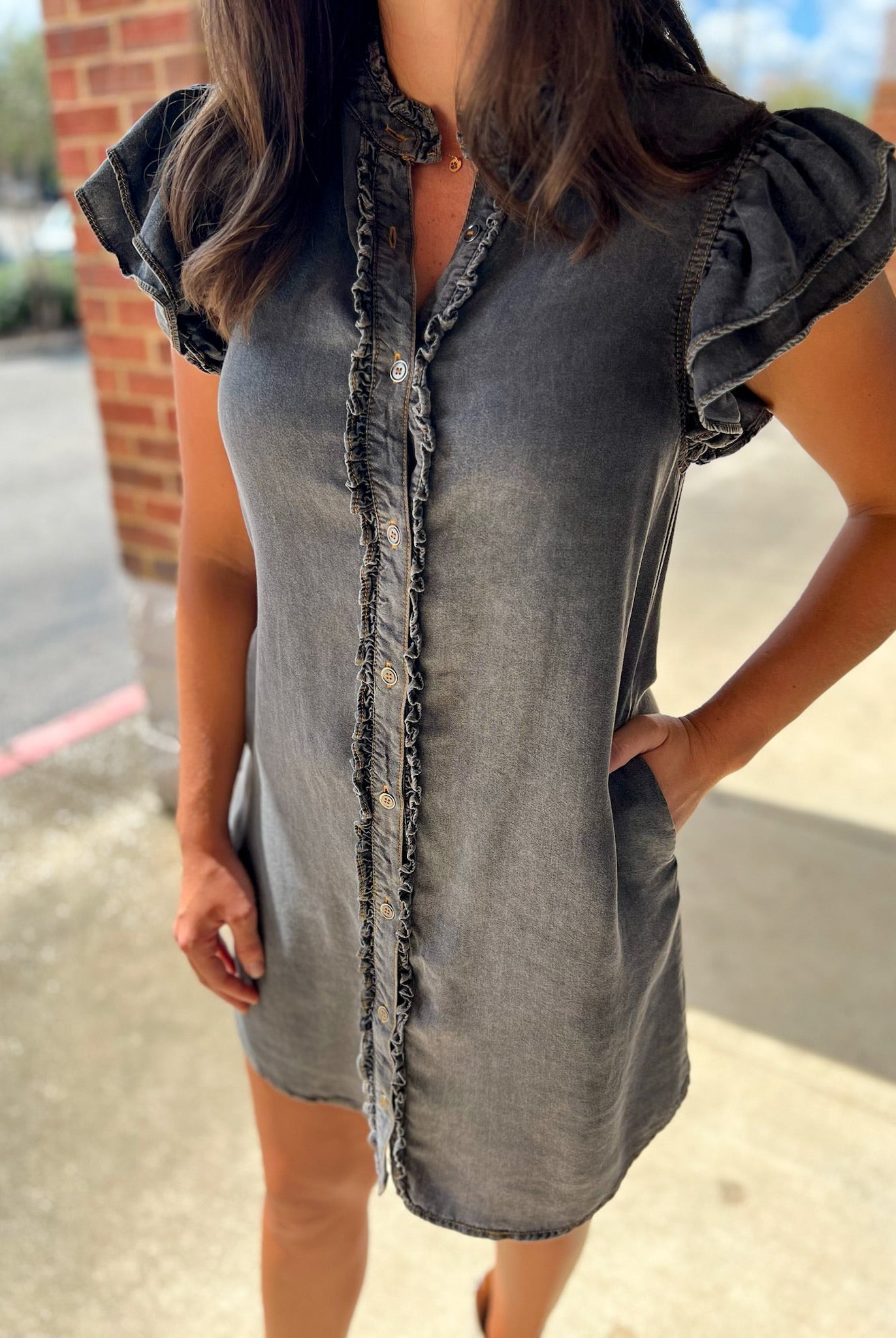Black Denim Snow Washed Button Down Ruffle Sleeve Dress - A'Bekah's Boutique