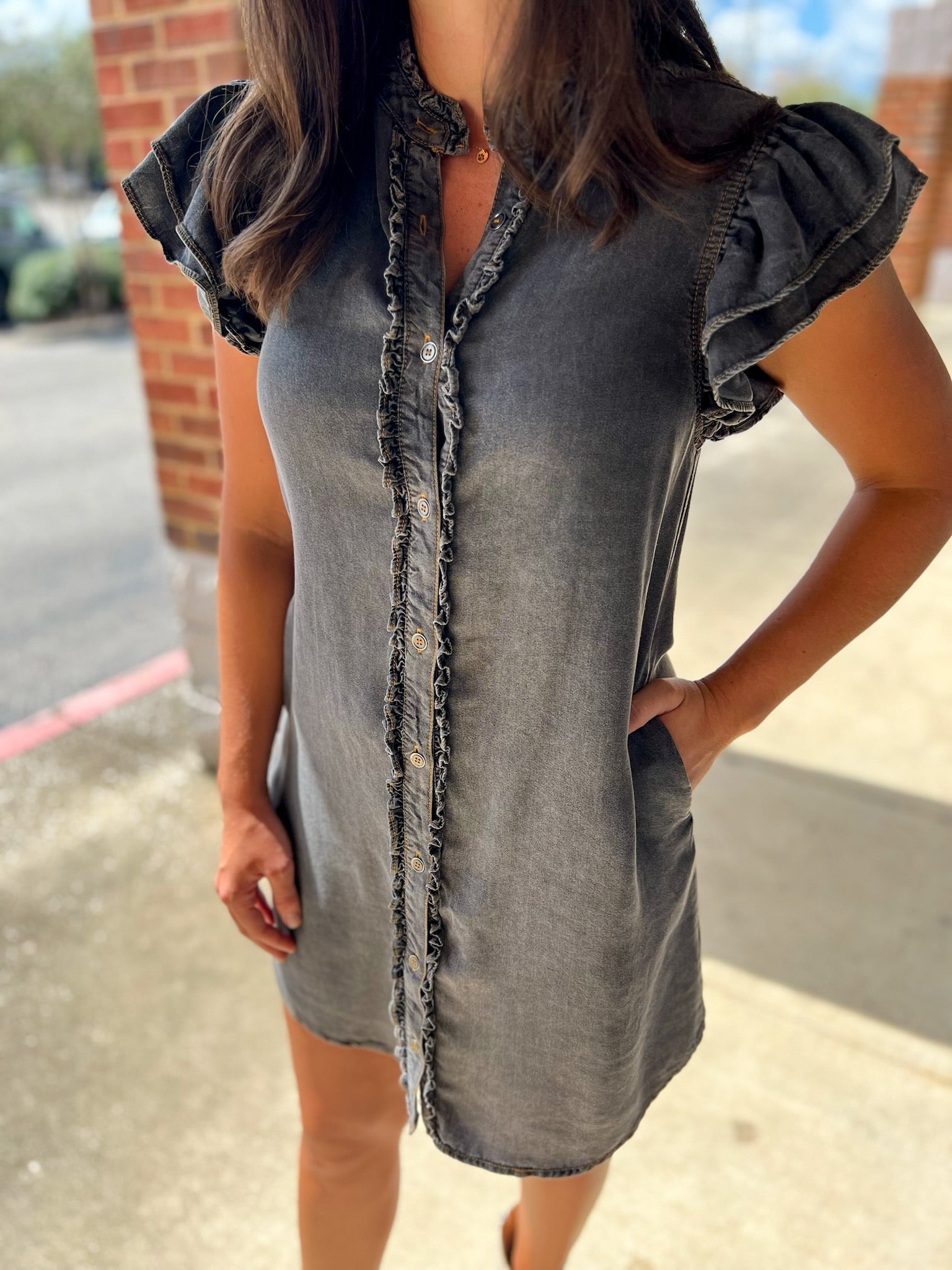 Black Denim Snow Washed Button Down Ruffle Sleeve Dress - A'Bekah's Boutique