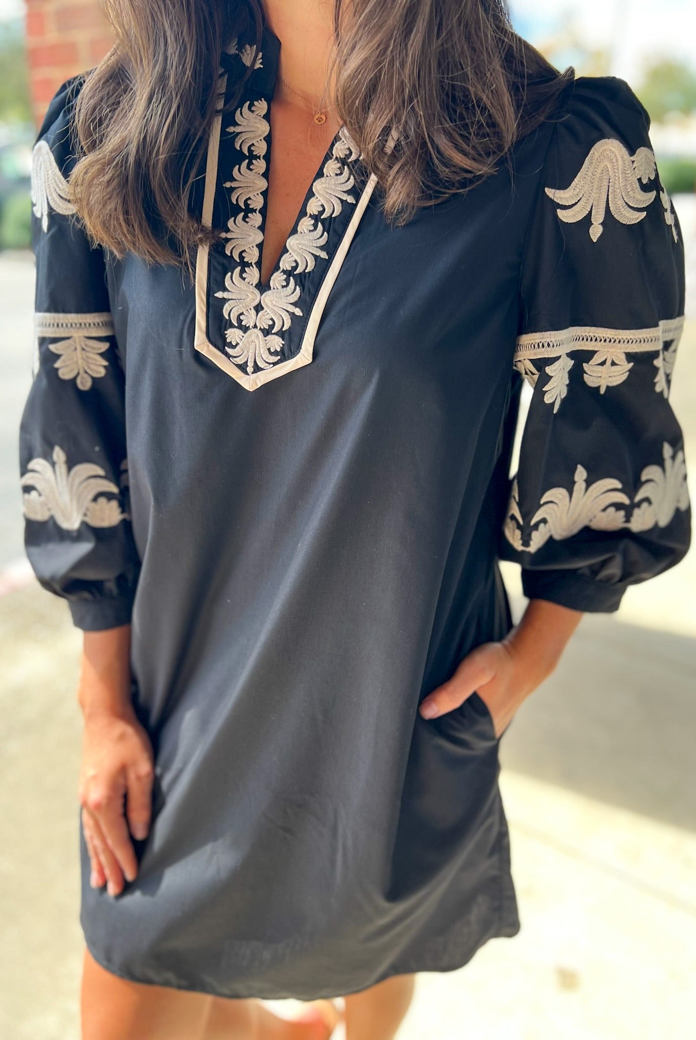 Black Dress with 3/4 Length Embroidered Sleeves - A'Bekah's Boutique