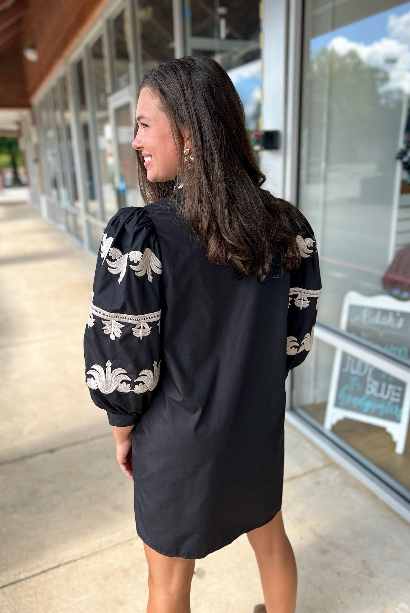 Black Dress with 3/4 Length Embroidered Sleeves - A'Bekah's Boutique