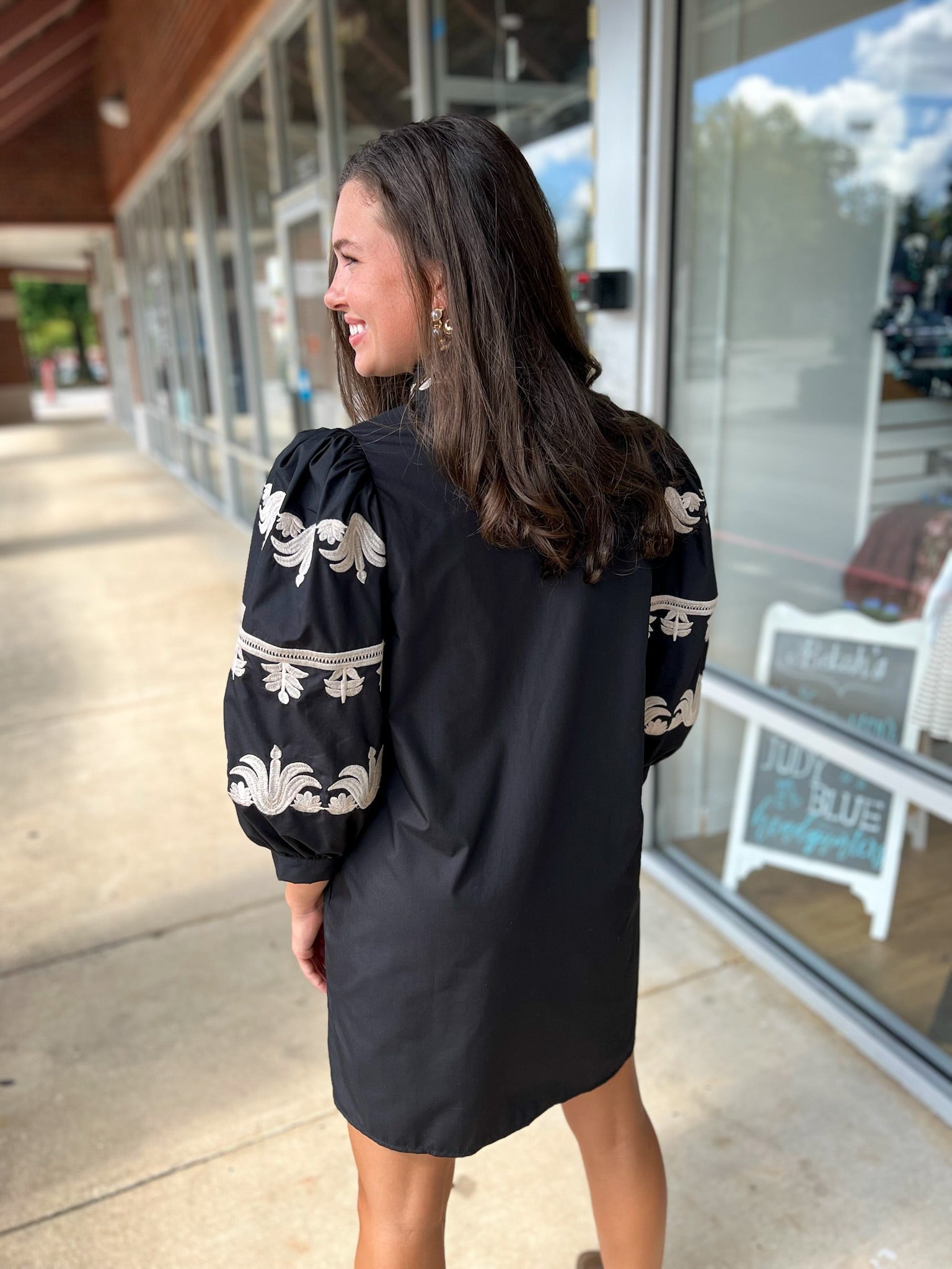 Black Dress with 3/4 Length Embroidered Sleeves - A'Bekah's Boutique