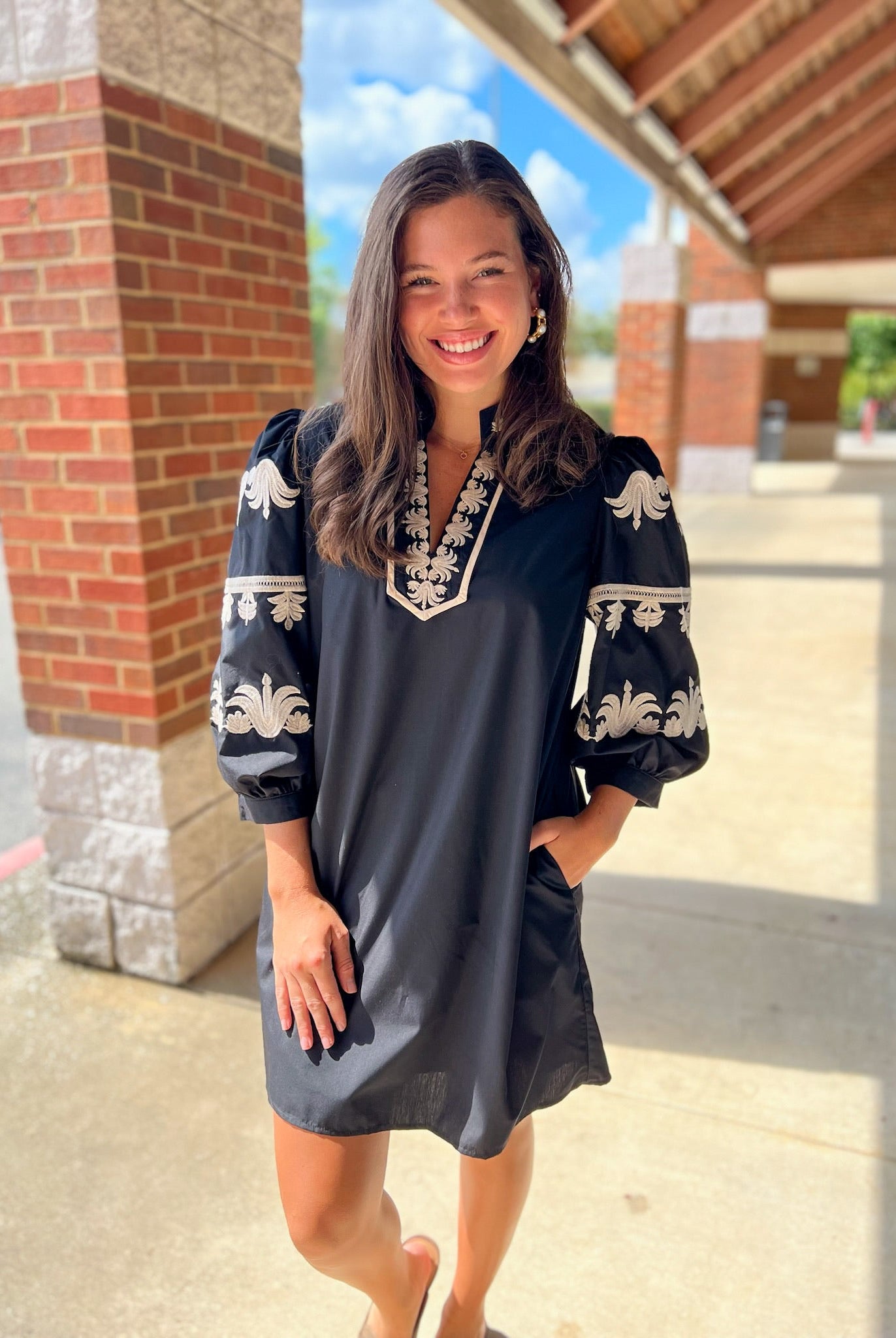 Black Dress with 3/4 Length Embroidered Sleeves - A'Bekah's Boutique