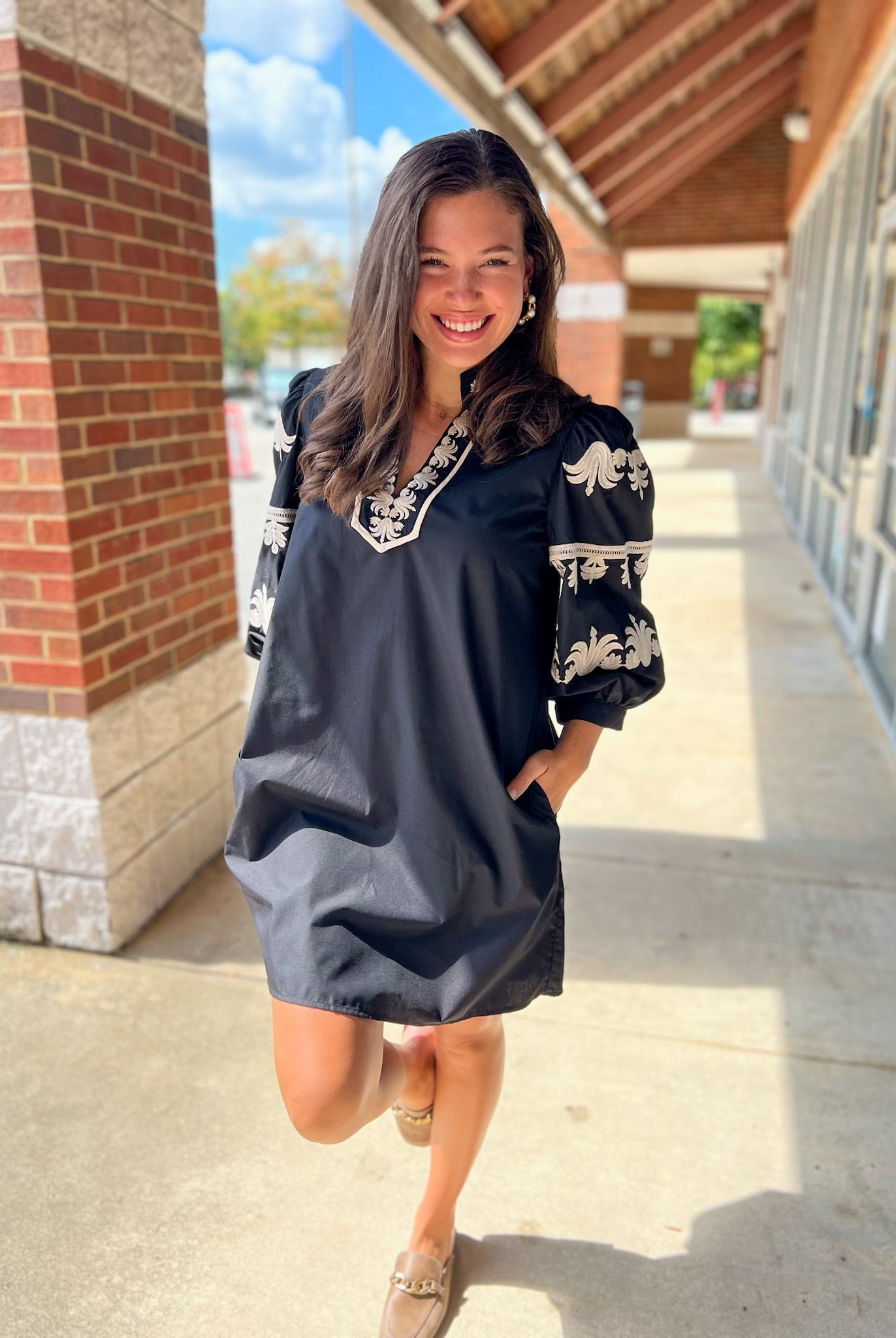 Black Dress with 3/4 Length Embroidered Sleeves - A'Bekah's Boutique