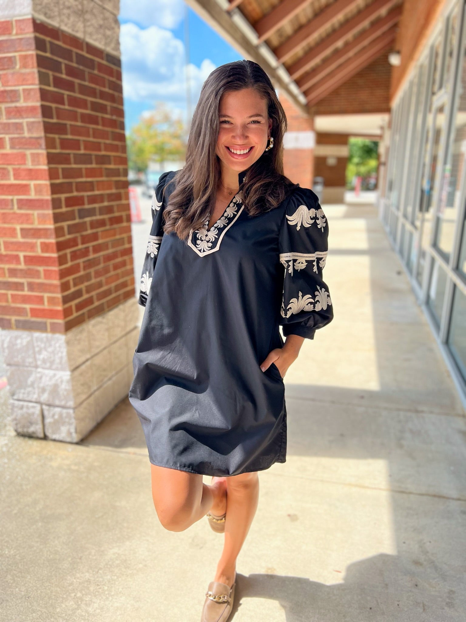 Black Dress with 3/4 Length Embroidered Sleeves - A'Bekah's Boutique