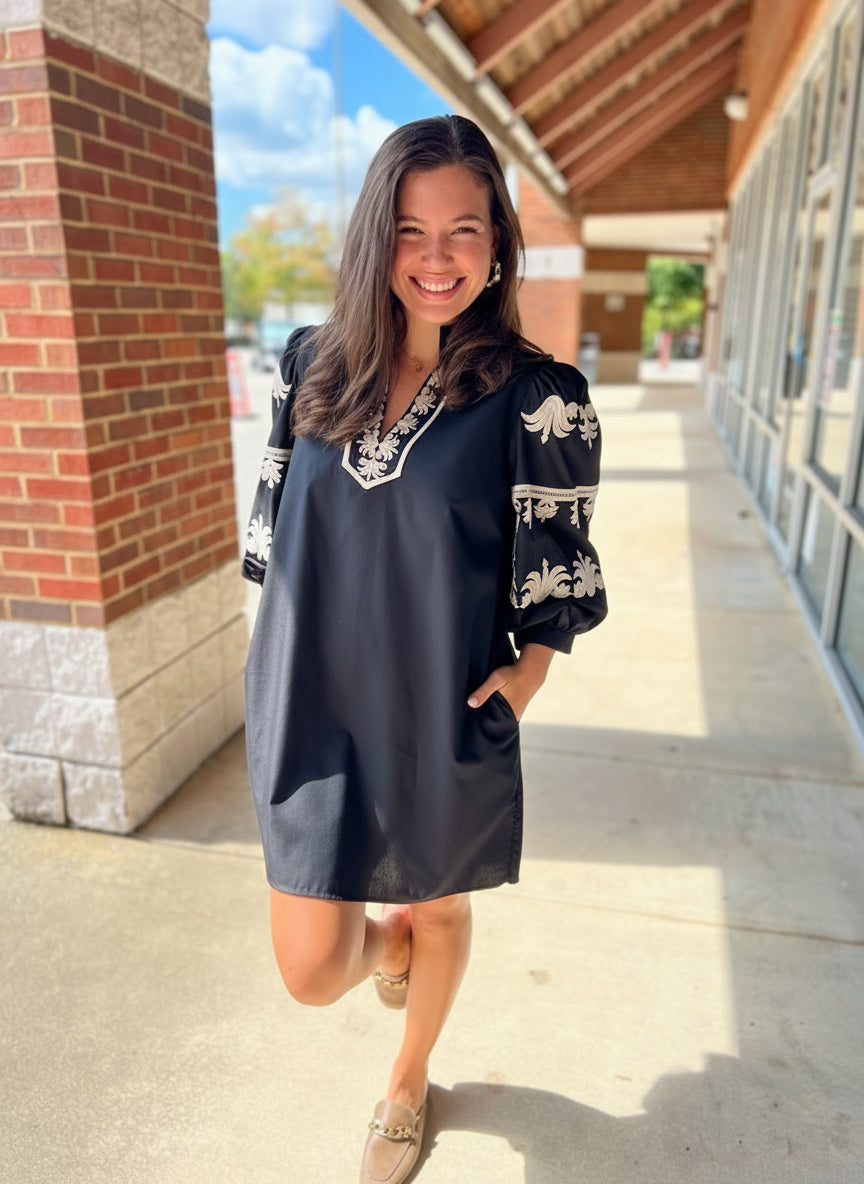 Black Dress with 3/4 Length Embroidered Sleeves - A'Bekah's Boutique