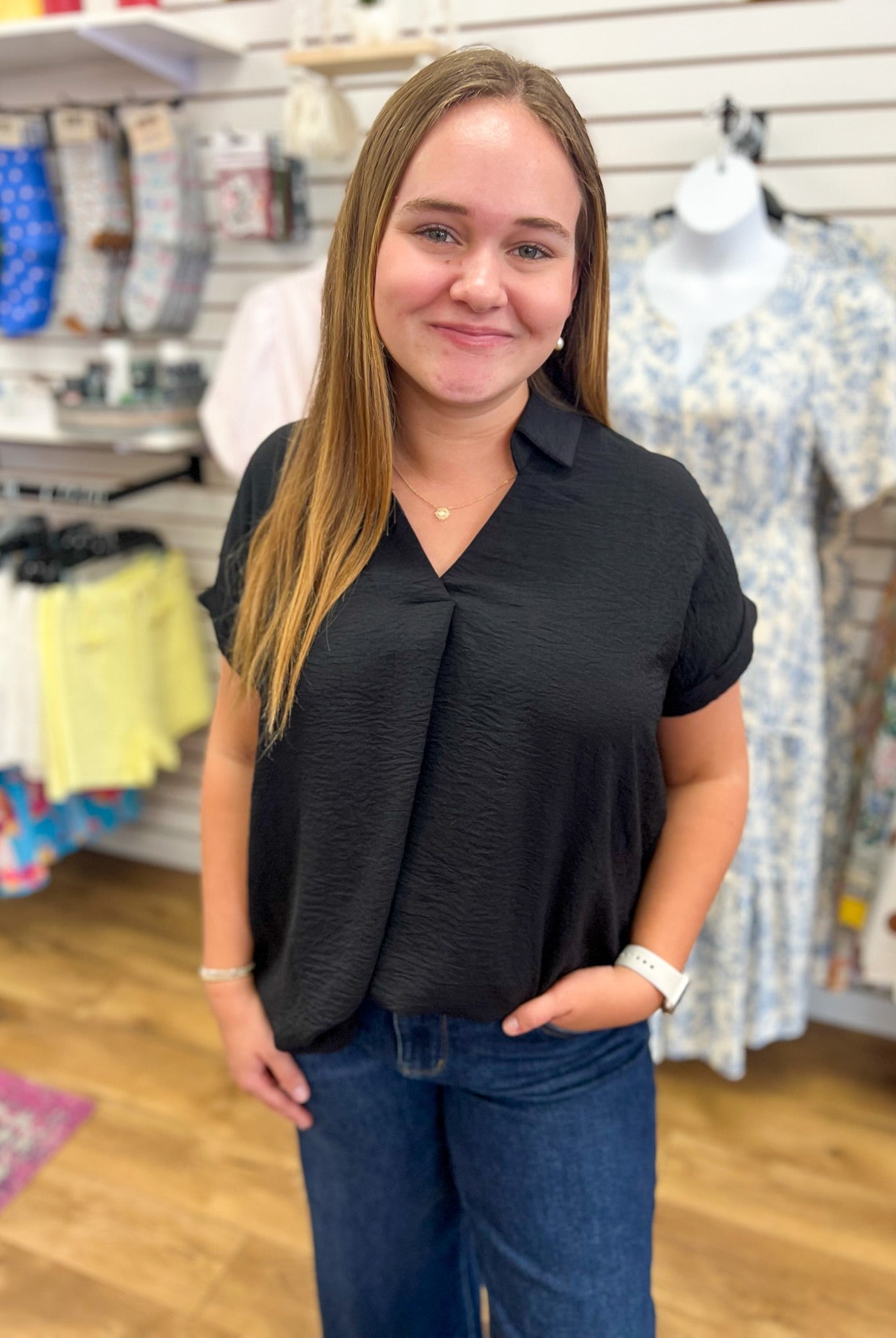 Black Drop Shoulder V-Neck Short Sleeve Collared Top - A'Bekah's Boutique