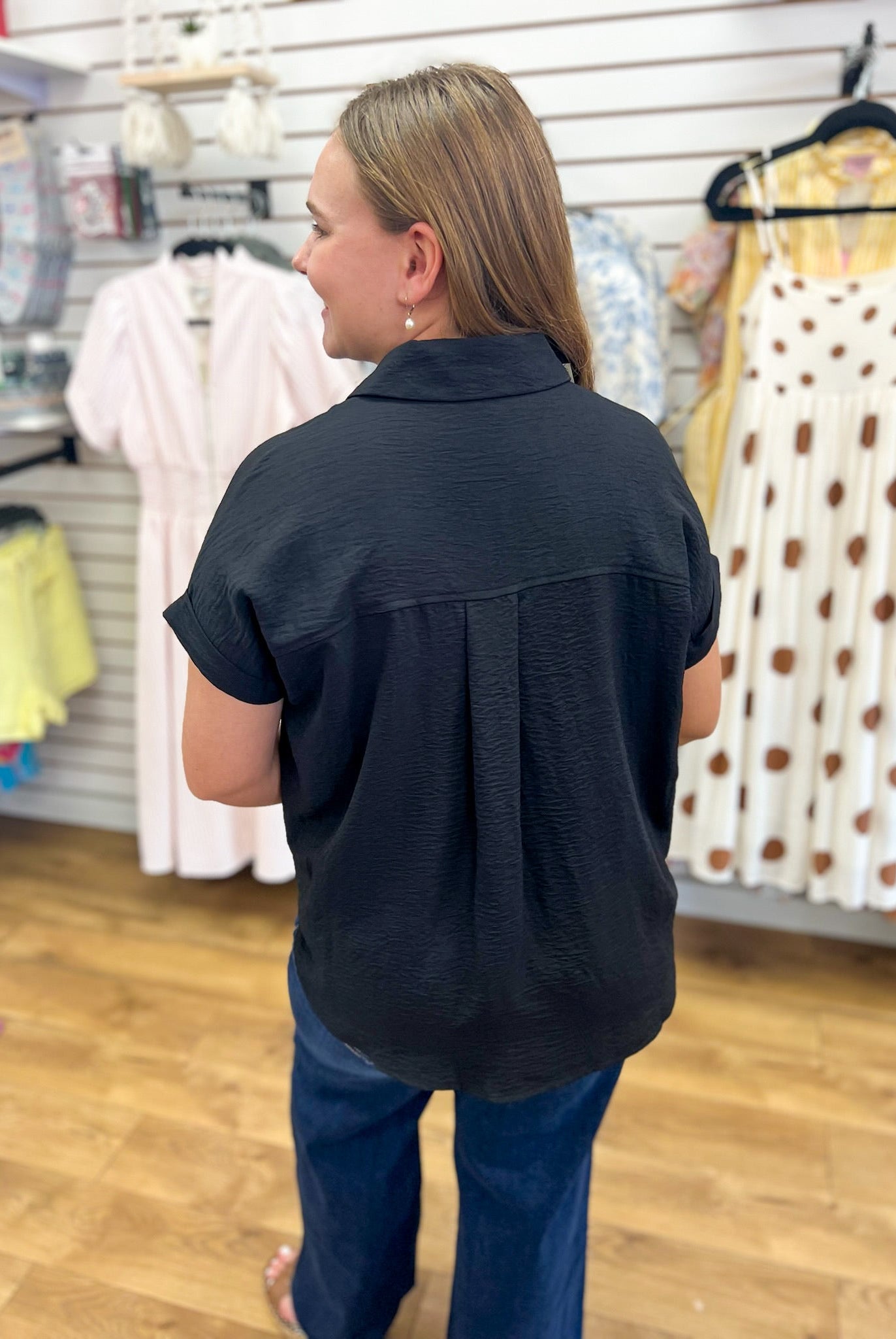 Black Drop Shoulder V-Neck Short Sleeve Collared Top - A'Bekah's Boutique