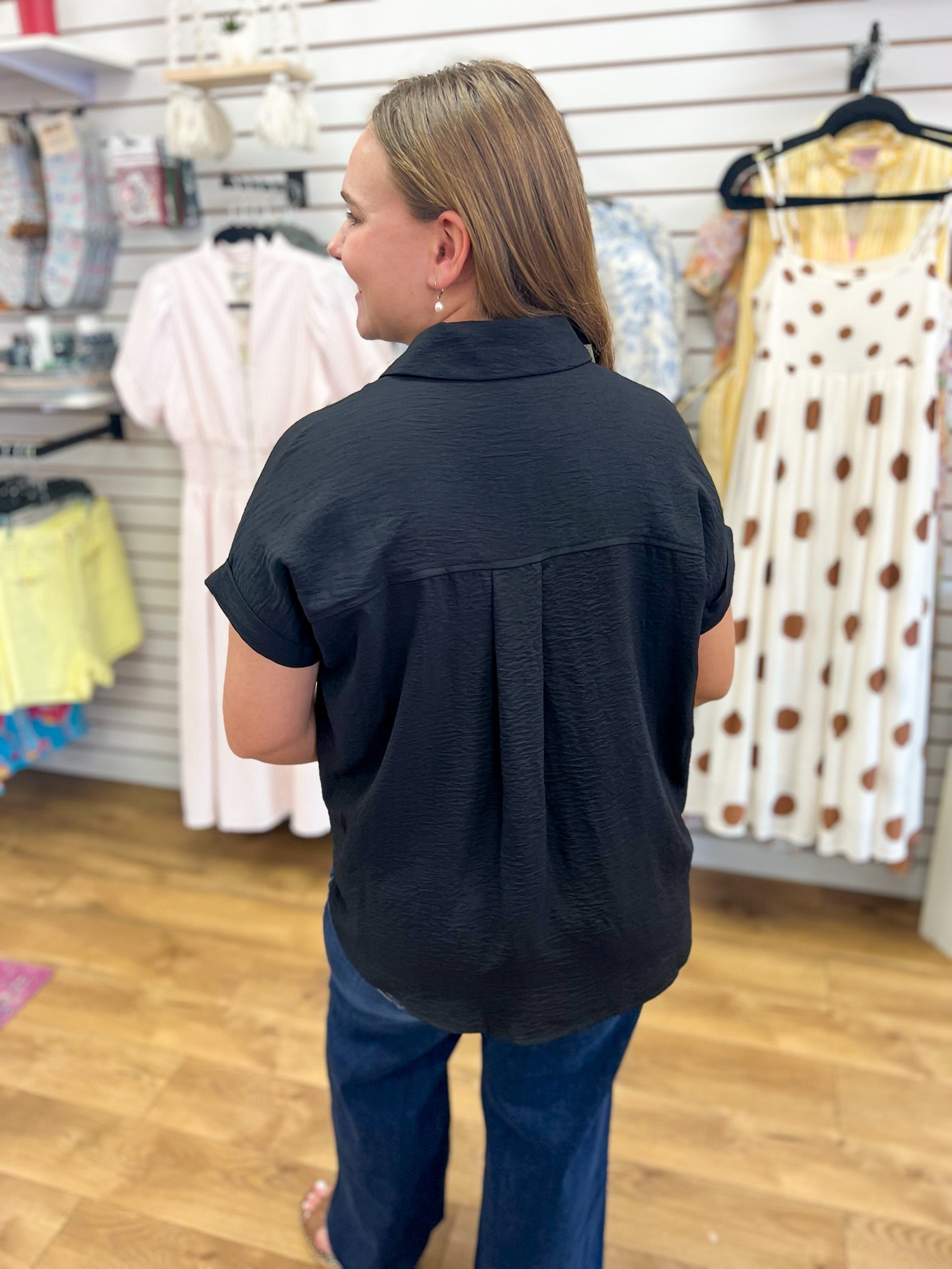 Black Drop Shoulder V-Neck Short Sleeve Collared Top - A'Bekah's Boutique