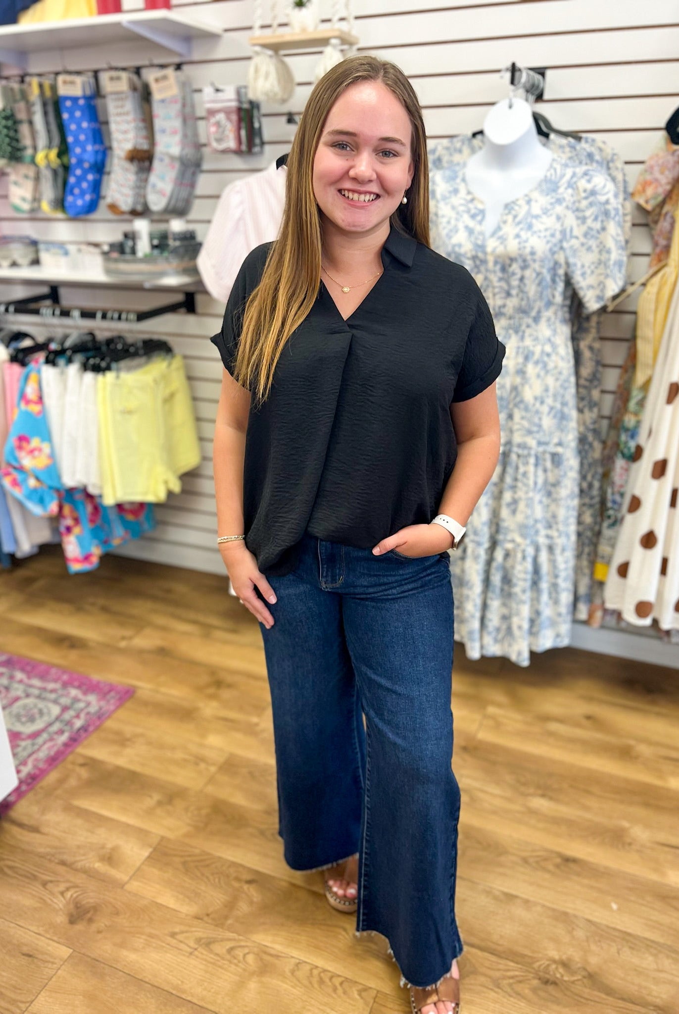 Black Drop Shoulder V-Neck Short Sleeve Collared Top - A'Bekah's Boutique