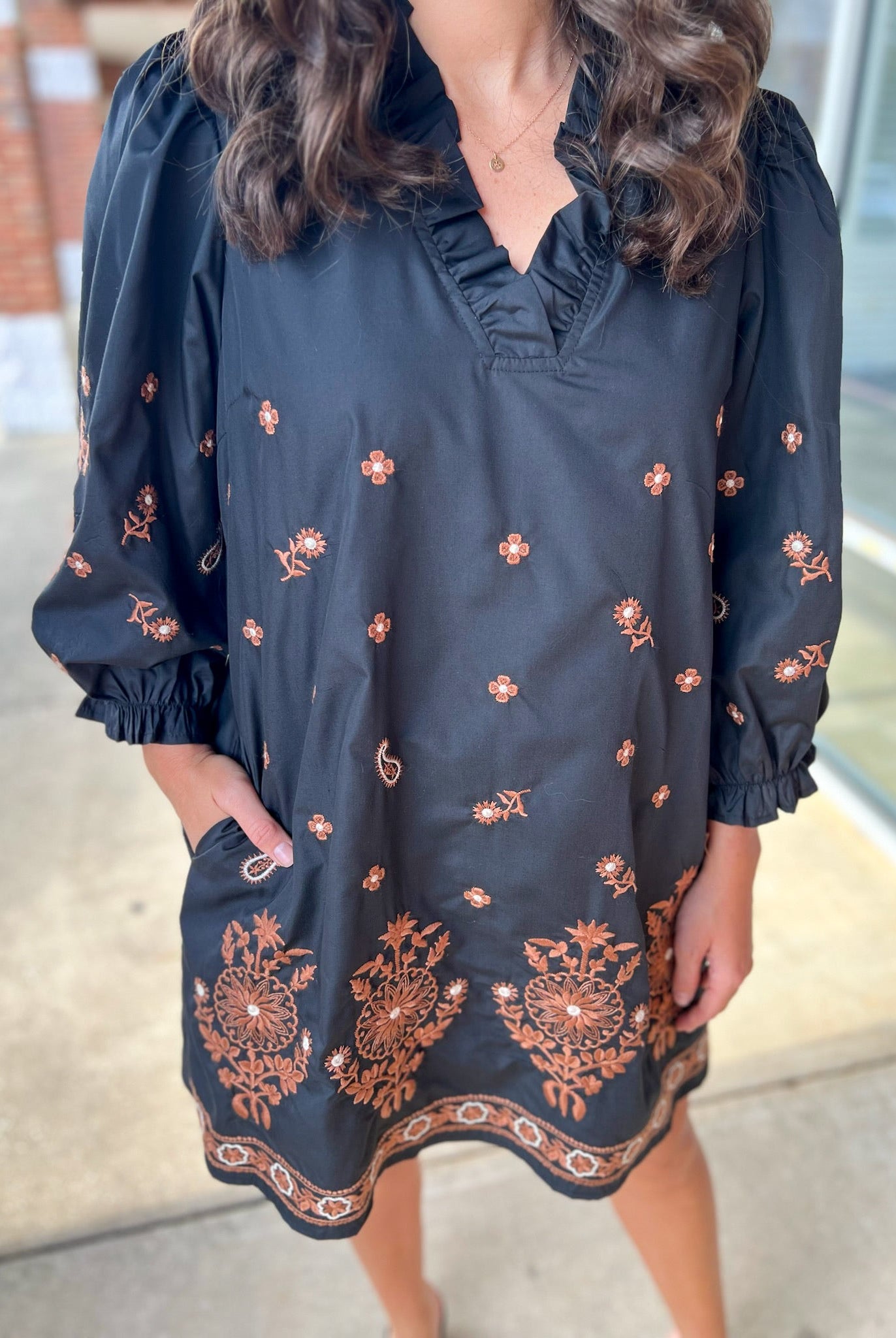 Black Embroidered Dress with Ruffled V - Neck and Pockets - A'Bekah's Boutique