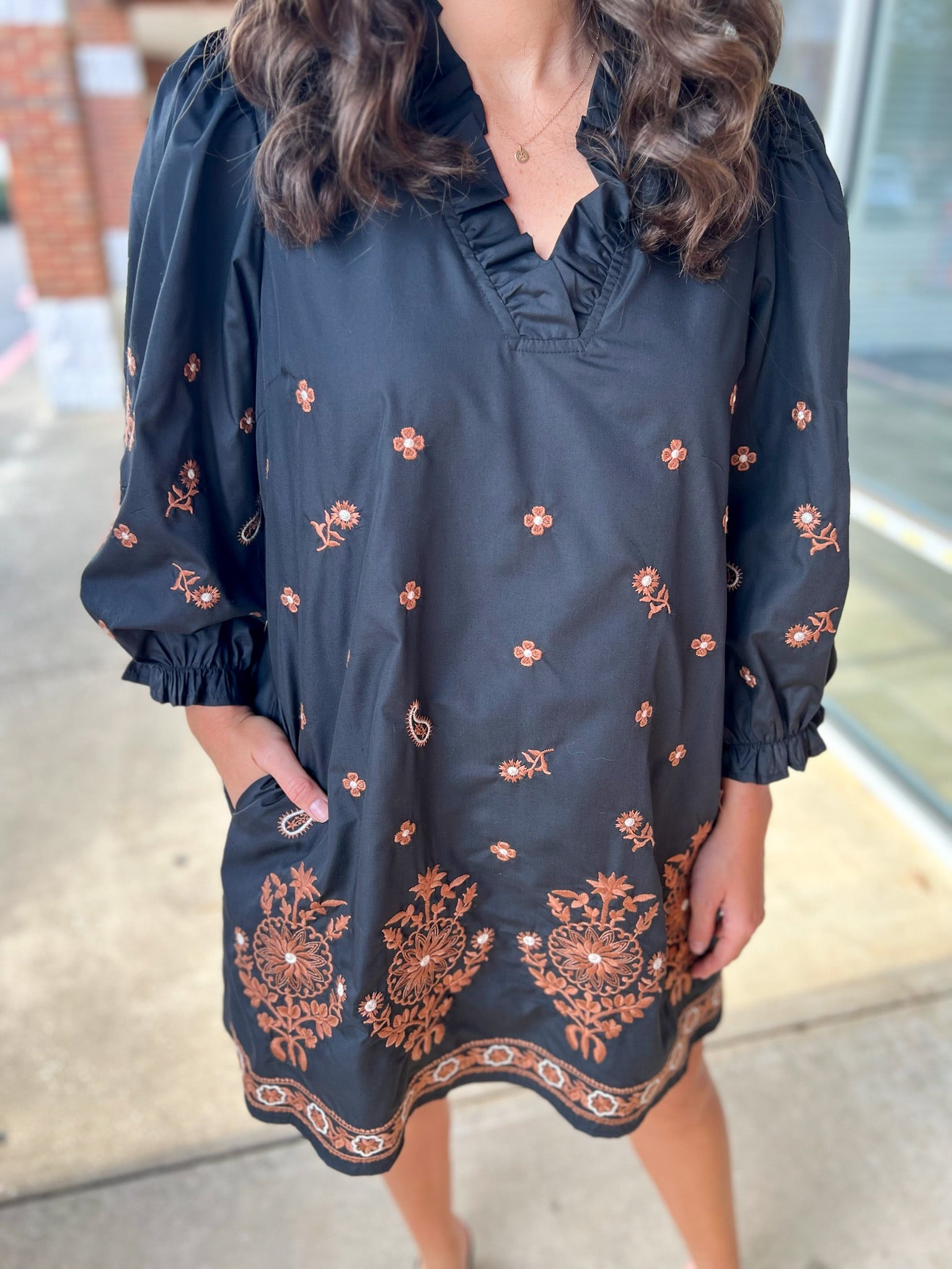 Black Embroidered Dress with Ruffled V - Neck and Pockets - A'Bekah's Boutique