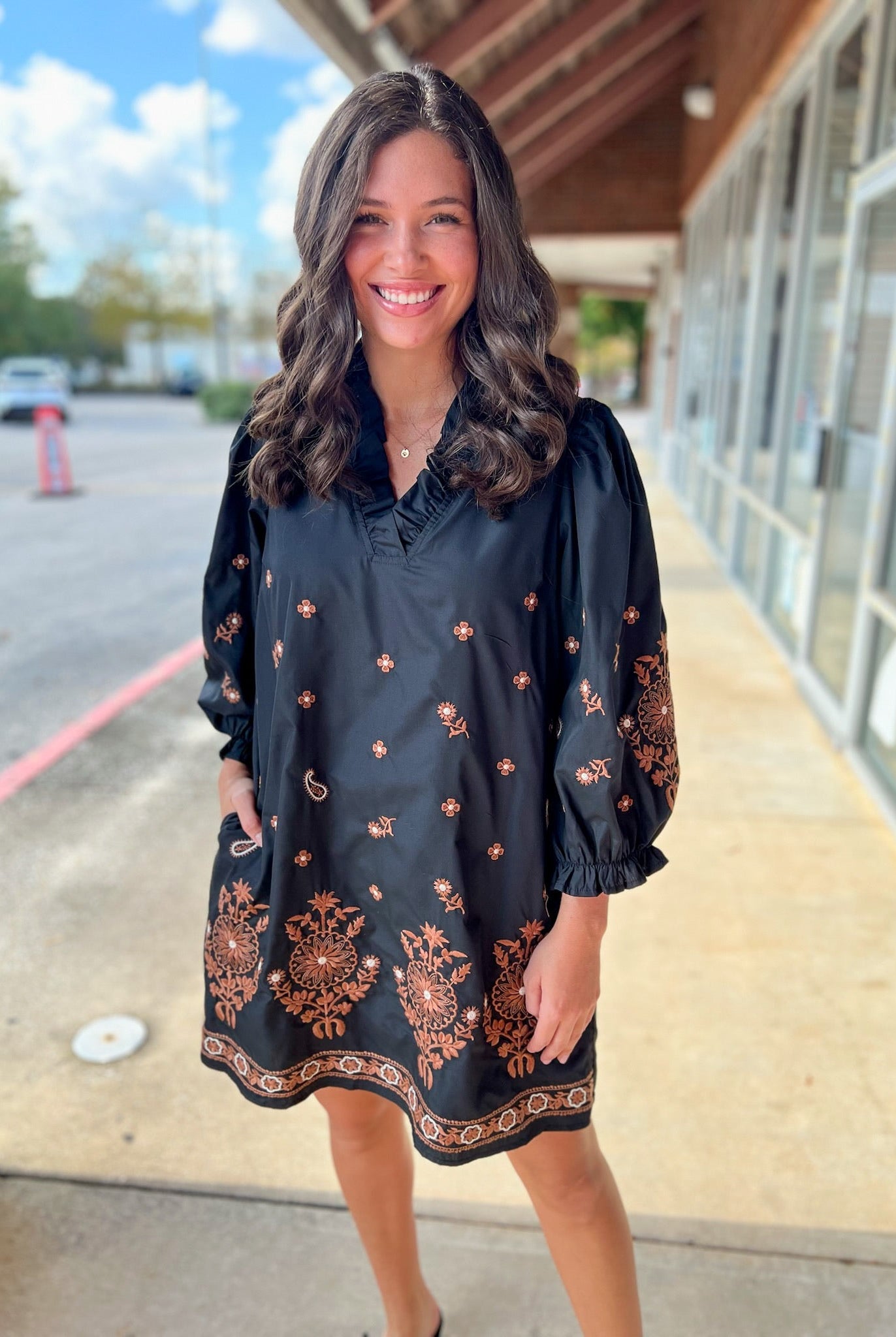 Black Embroidered Dress with Ruffled V - Neck and Pockets - A'Bekah's Boutique