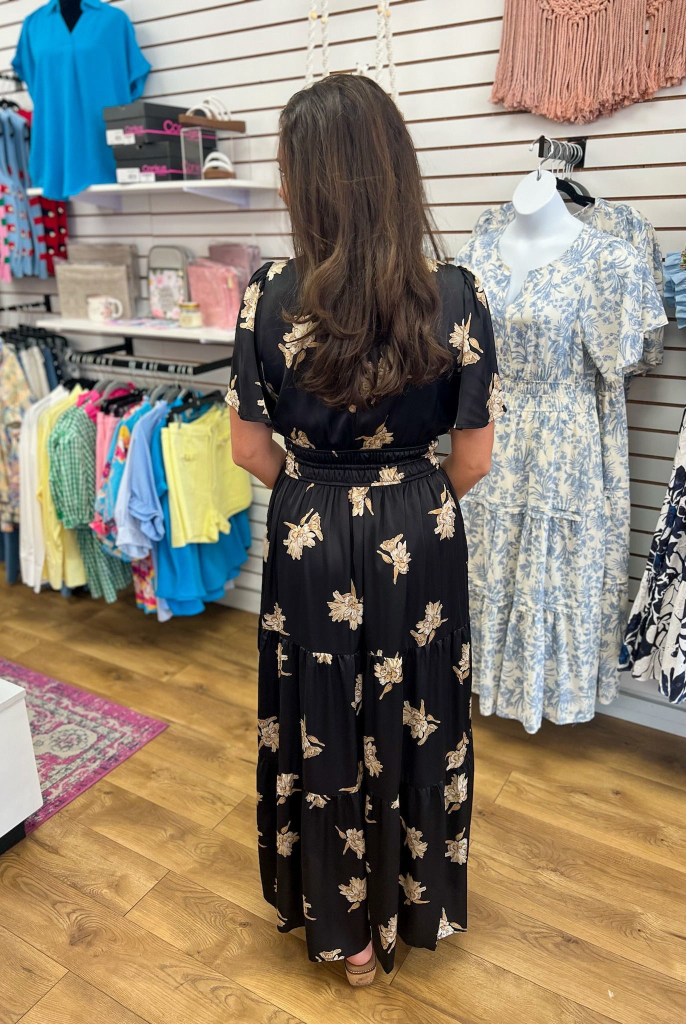 Black Floral Satin Maxi Dress with Elastic Waist and Pockets - A'Bekah's Boutique